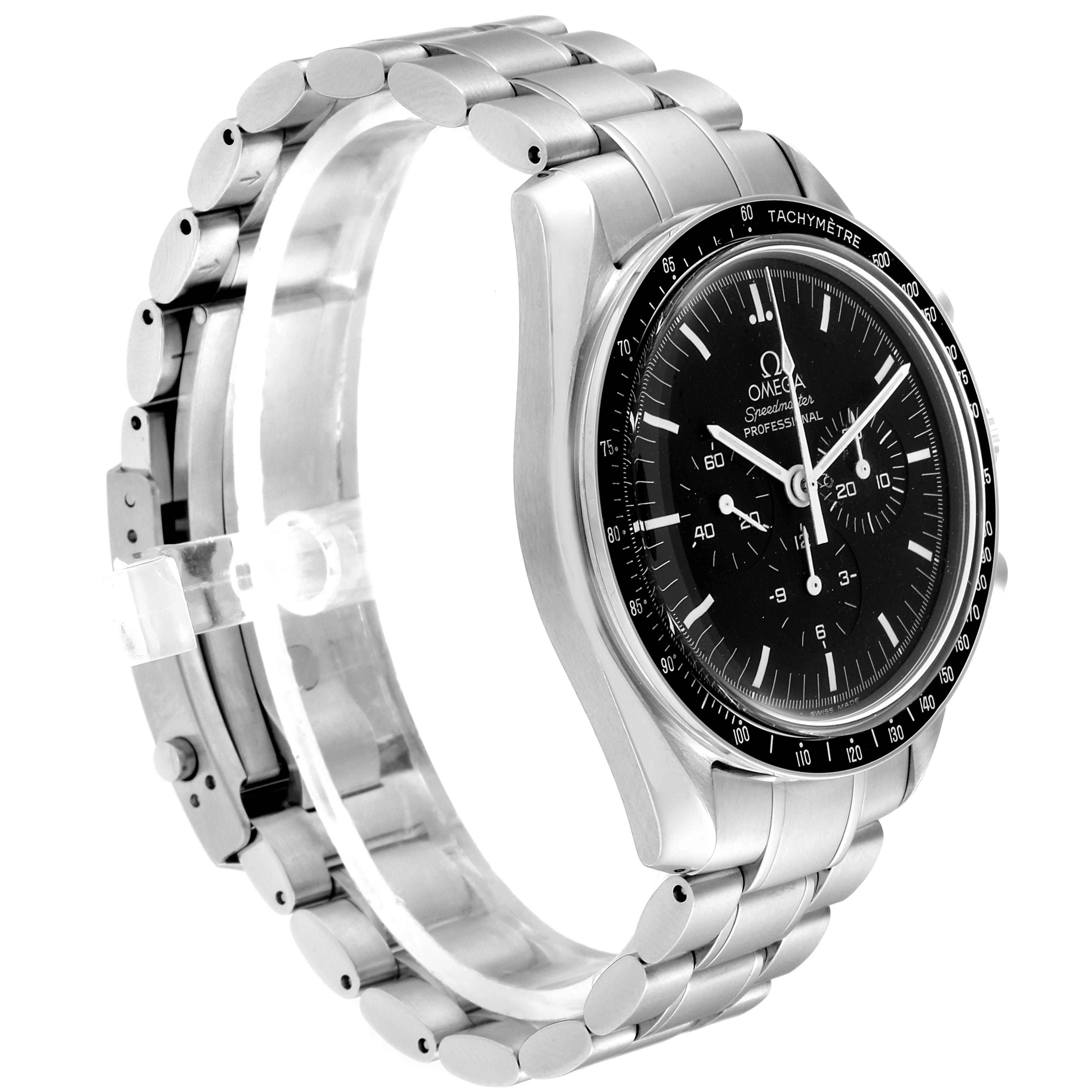 The image shows a side angle of the Omega Speedmaster 3570.50.00 Men's Stainless Steel Black Dial 3570.50.00 Men's Stainless Steel Black Dial, highlighting its stainless steel case, bracelet, and black dial.