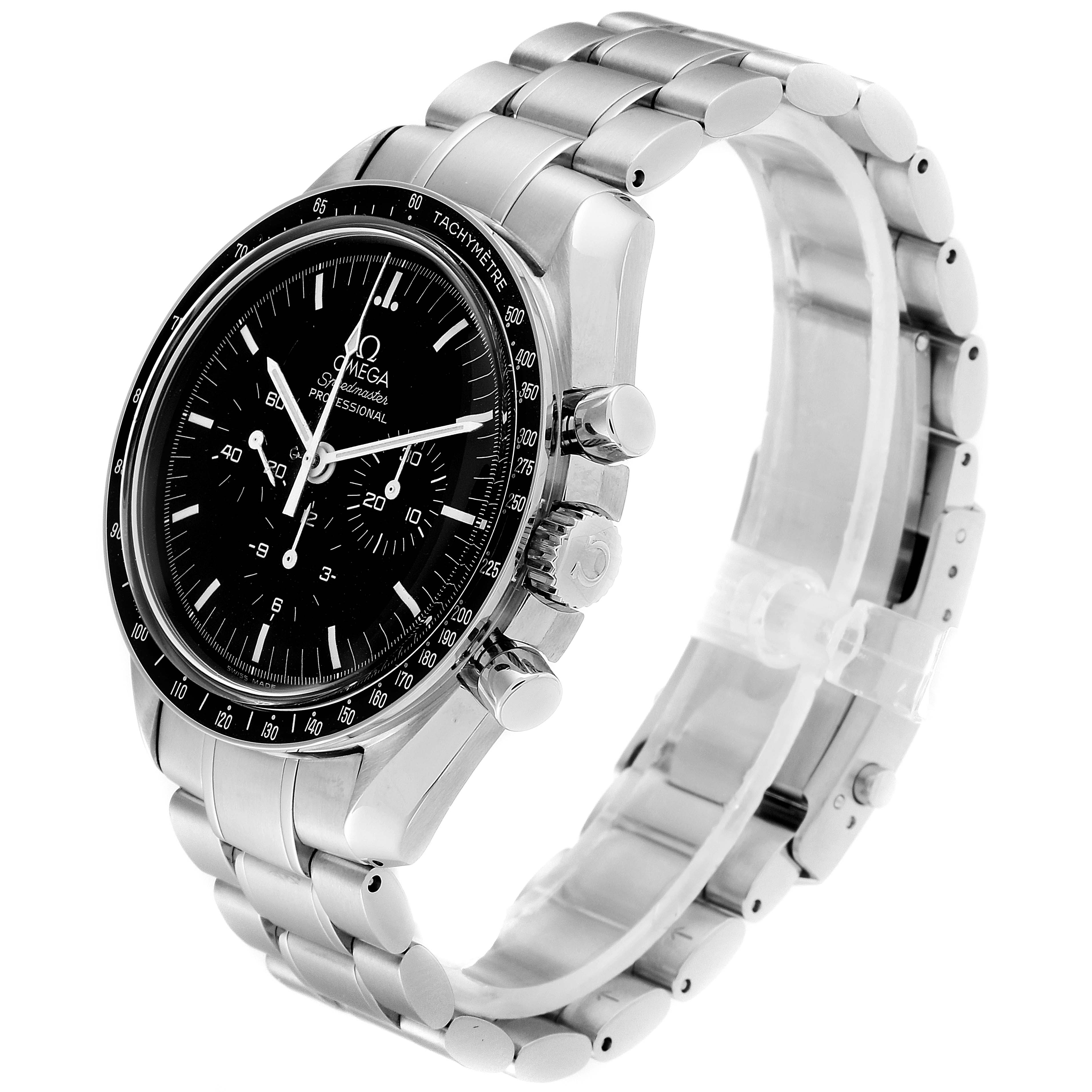 The image shows an Omega Speedmaster 3570.50.00 Men's Stainless Steel Black Dial 3570.50.00 Men's Stainless Steel Black Dial watch from a three-quarter angle, highlighting the face, bezel, case, and metal bracelet.