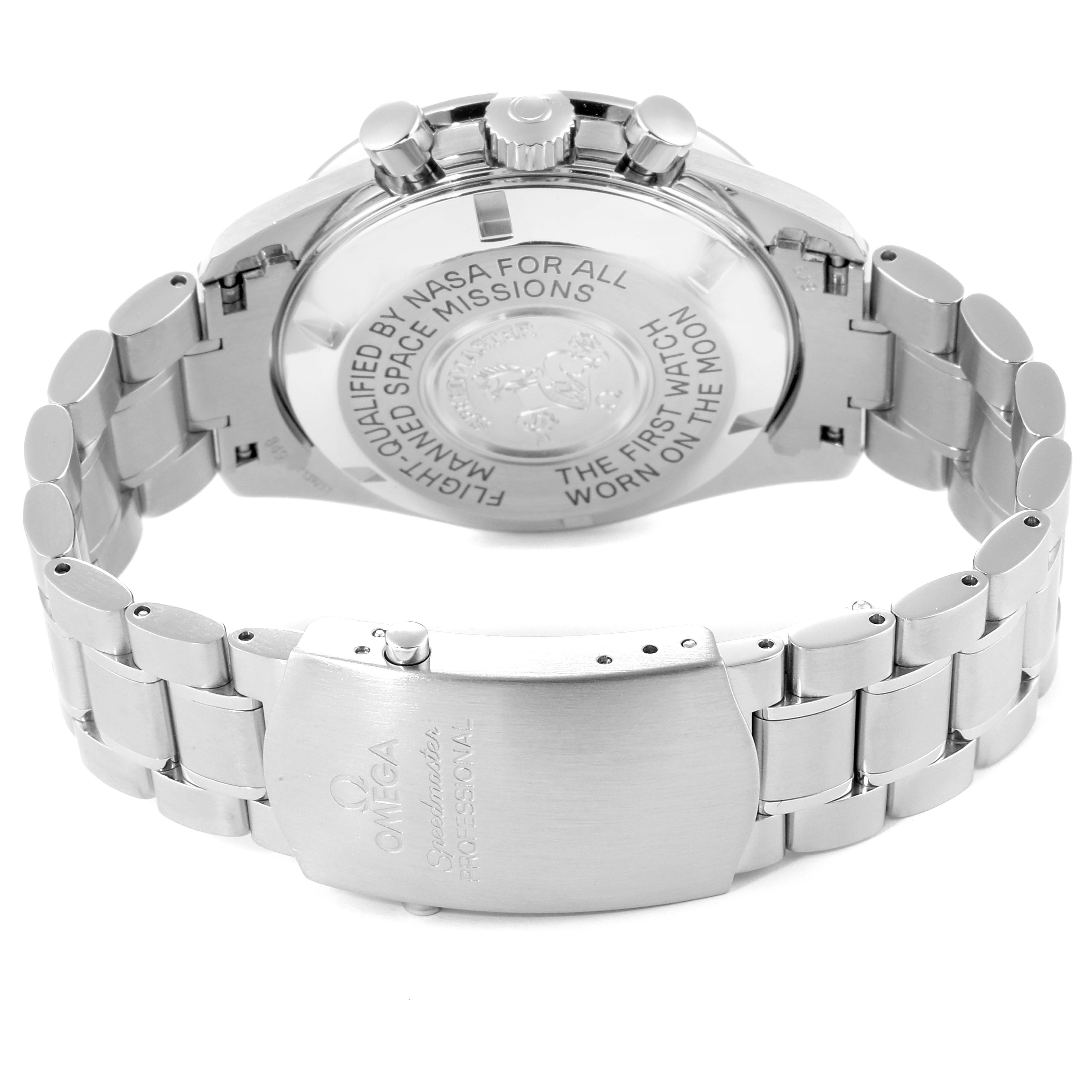 The image shows the back case, bracelet, and clasp of an Omega Speedmaster 3570.50.00 Men's Stainless Steel Black Dial 3570.50.00 Men's Stainless Steel Black Dial watch.