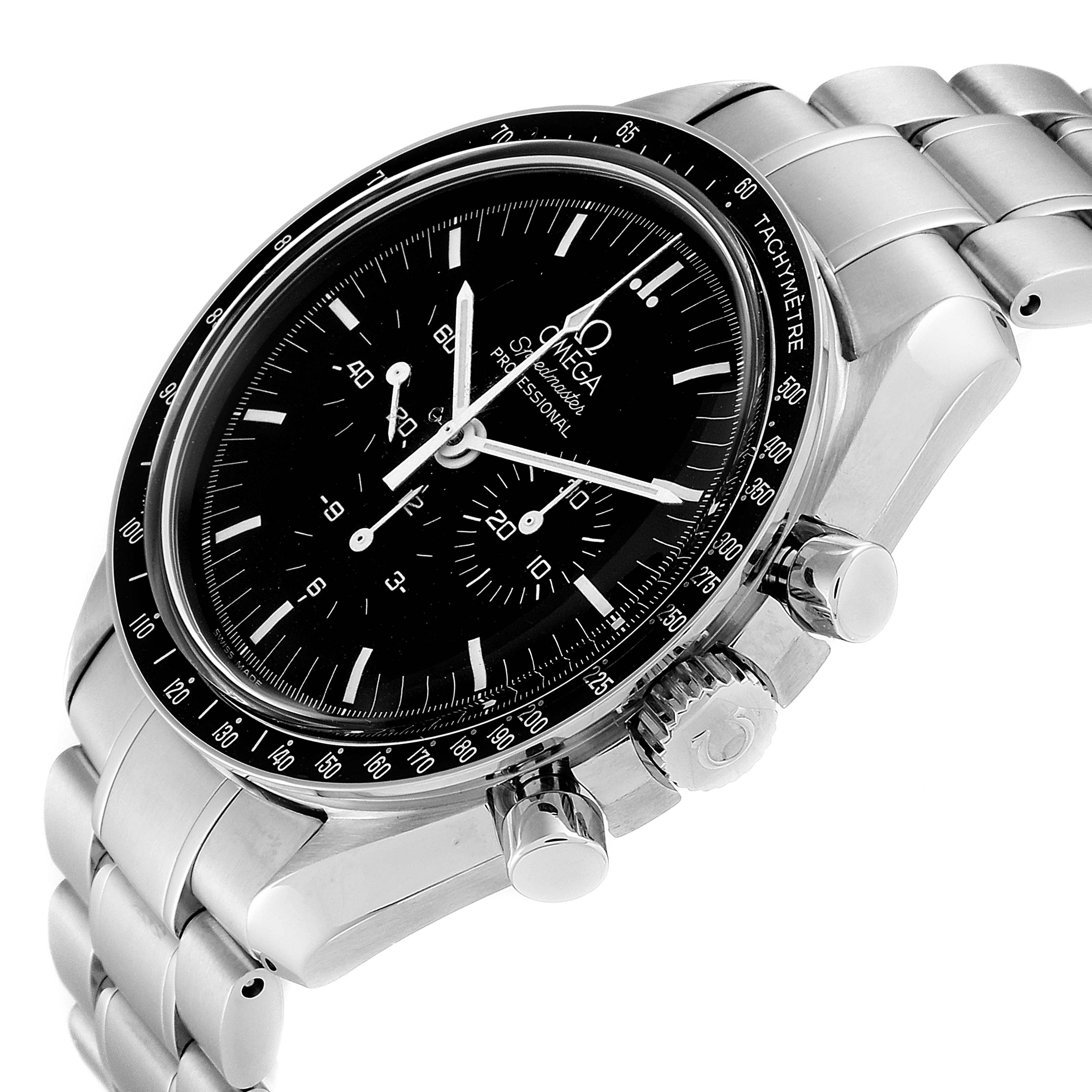 The image shows an Omega Speedmaster 3570.50.00 Men's Stainless Steel Black Dial 3570.50.00 Men's Stainless Steel Black Dial watch at a three-quarter angle, displaying its face, bezel, crown, and bracelet.