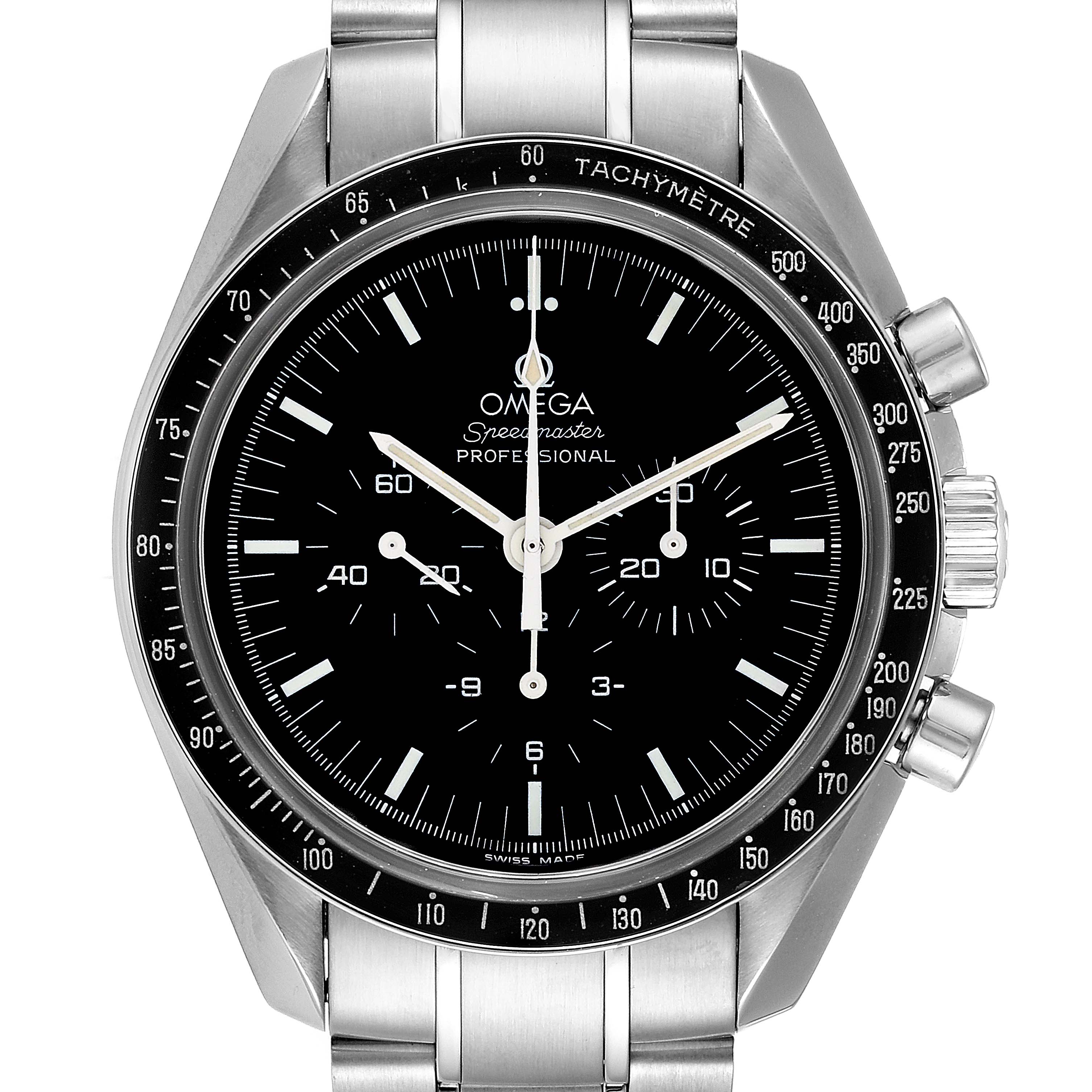 The image shows a front view of an Omega Speedmaster 3570.50.00 Men's Stainless Steel Black Dial 3570.50.00 Men's Stainless Steel Black Dial Professional watch, displaying its dial, bezel, and stainless steel bracelet.