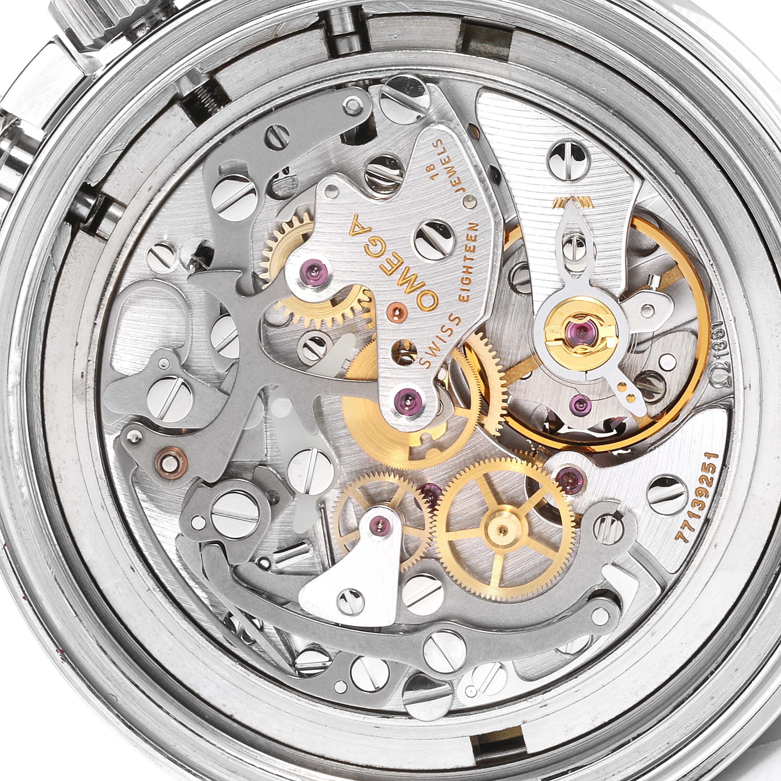 This image shows the intricate internal mechanical components of an Omega Speedmaster 3570.50.00 Men's Stainless Steel Black Dial 3570.50.00 Men's Stainless Steel Black Dial watch from a close-up, rear angle.