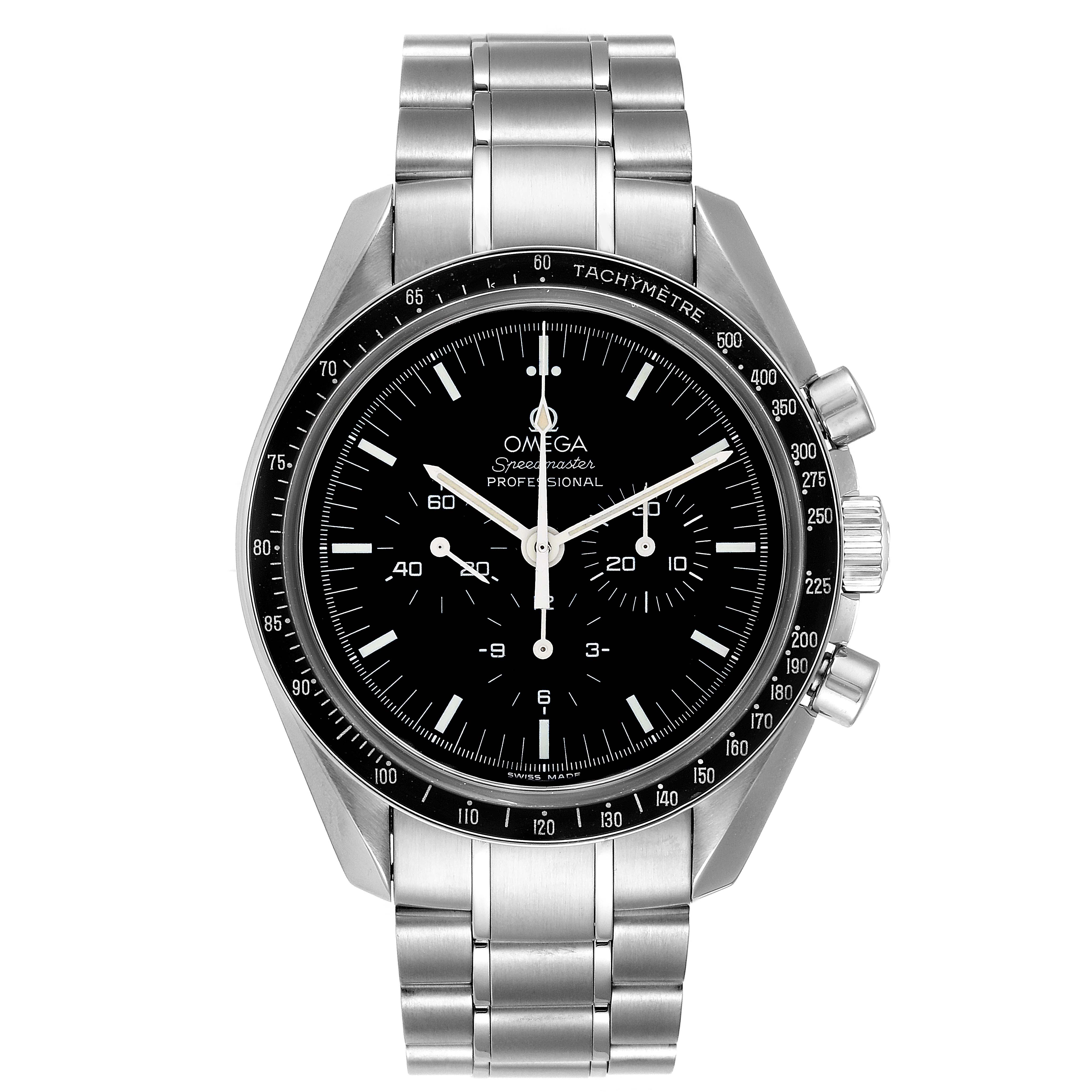 This image shows a front view of an Omega Speedmaster 3570.50.00 Men's Stainless Steel Black Dial 3570.50.00 Men's Stainless Steel Black Dial watch, displaying the dial and stainless steel bracelet.