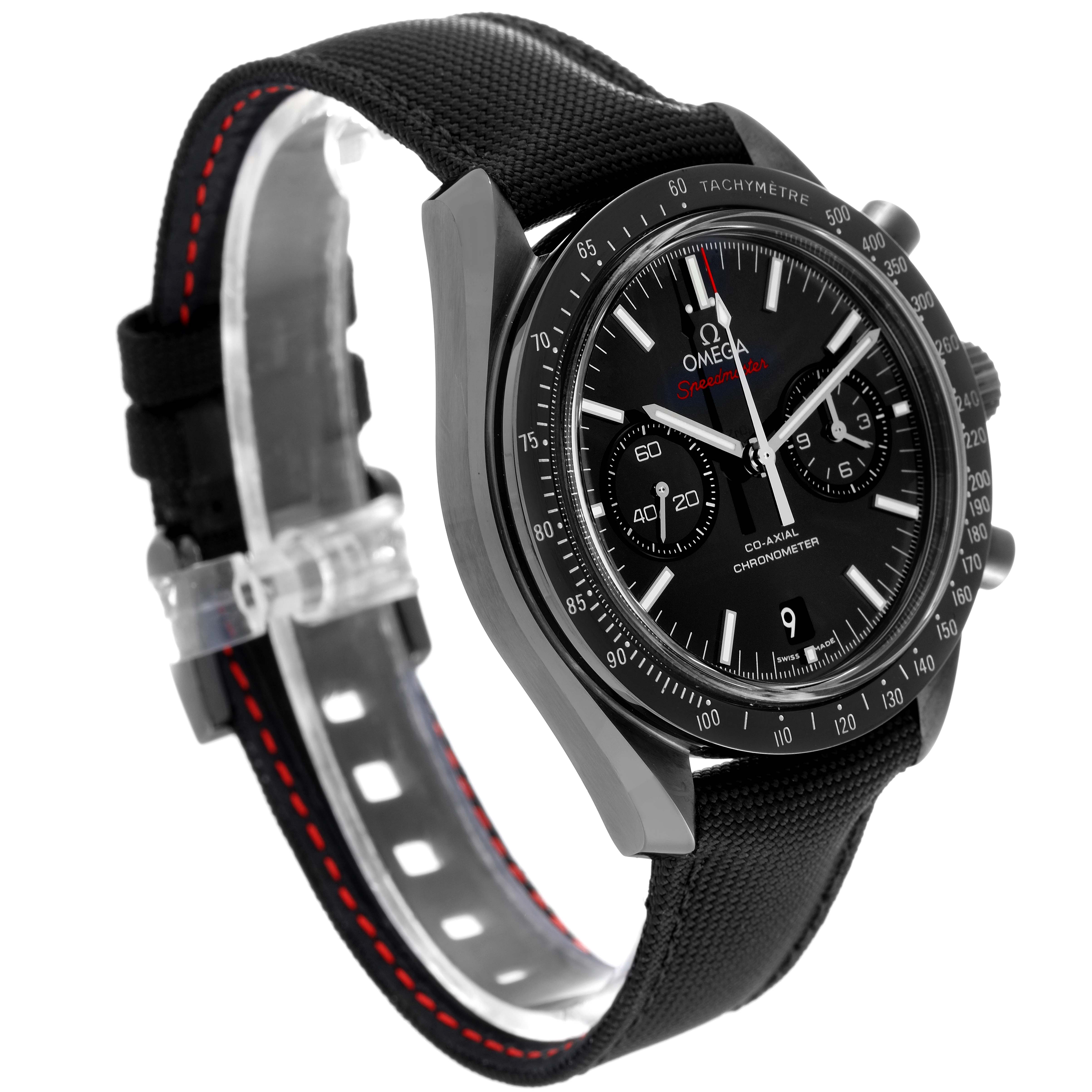 The Omega Speedmaster 311.92.44.51.01.003 Men's Ceramic Black Dial 311.92.44.51.01.003 Men's Ceramic Black Dial watch is shown at a three-quarter angle, highlighting its face, bezel, chronograph dials, and strap.