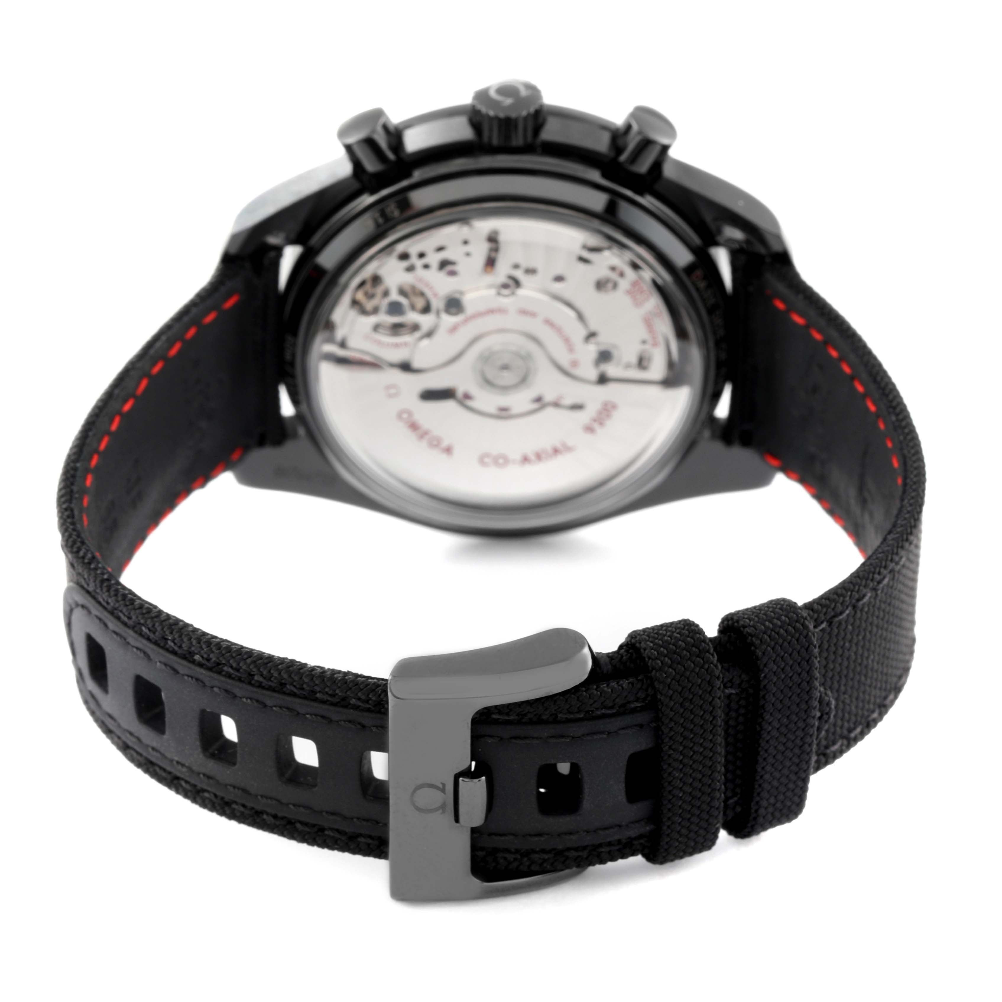 The image shows the back view of an Omega Speedmaster 311.92.44.51.01.003 Men's Ceramic Black Dial 311.92.44.51.01.003 Men's Ceramic Black Dial watch, including the case back and leather strap with the buckle.