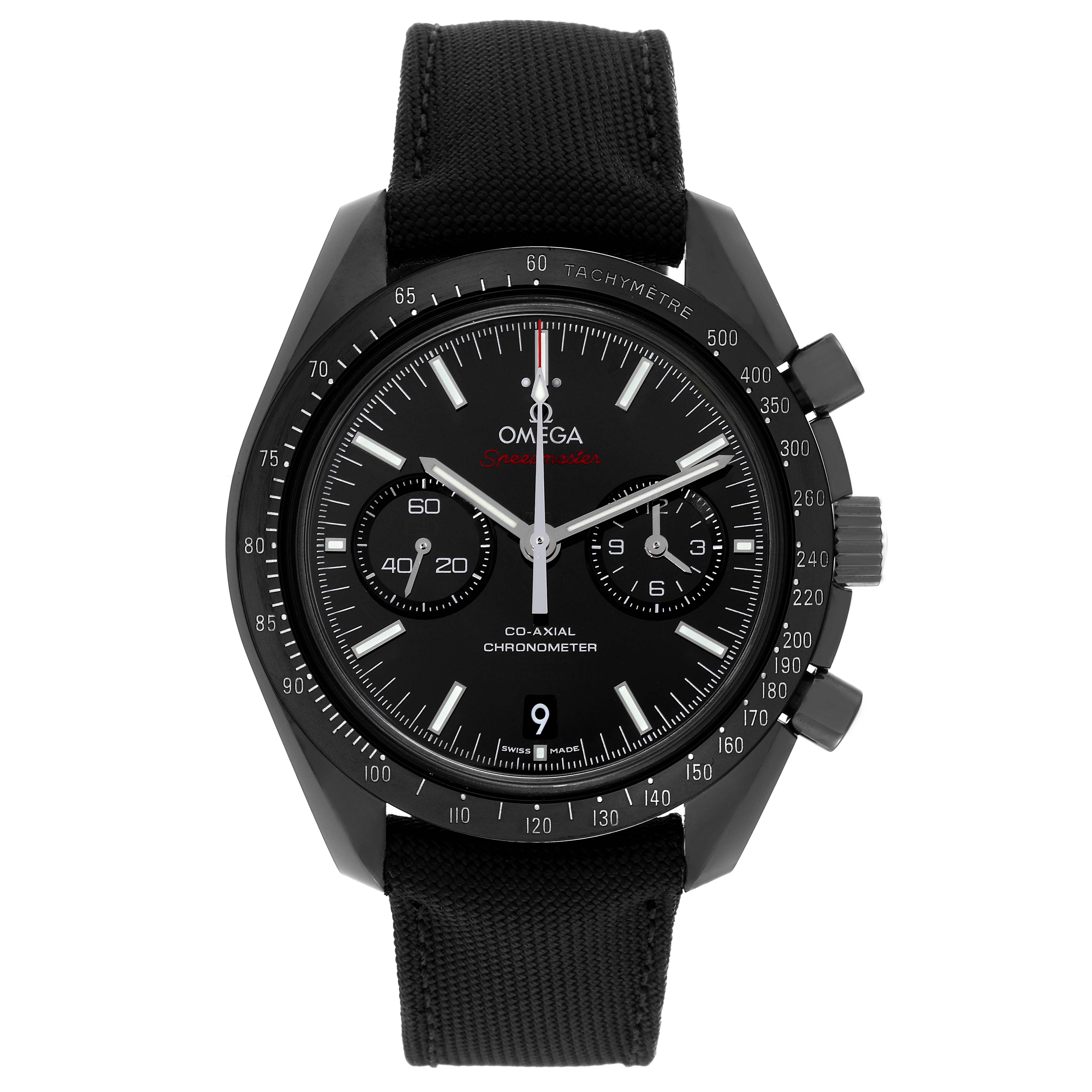 The image shows a front view of an Omega Speedmaster 311.92.44.51.01.003 Men's Ceramic Black Dial 311.92.44.51.01.003 Men's Ceramic Black Dial watch, highlighting the dial, hands, tachymeter bezel, and strap.