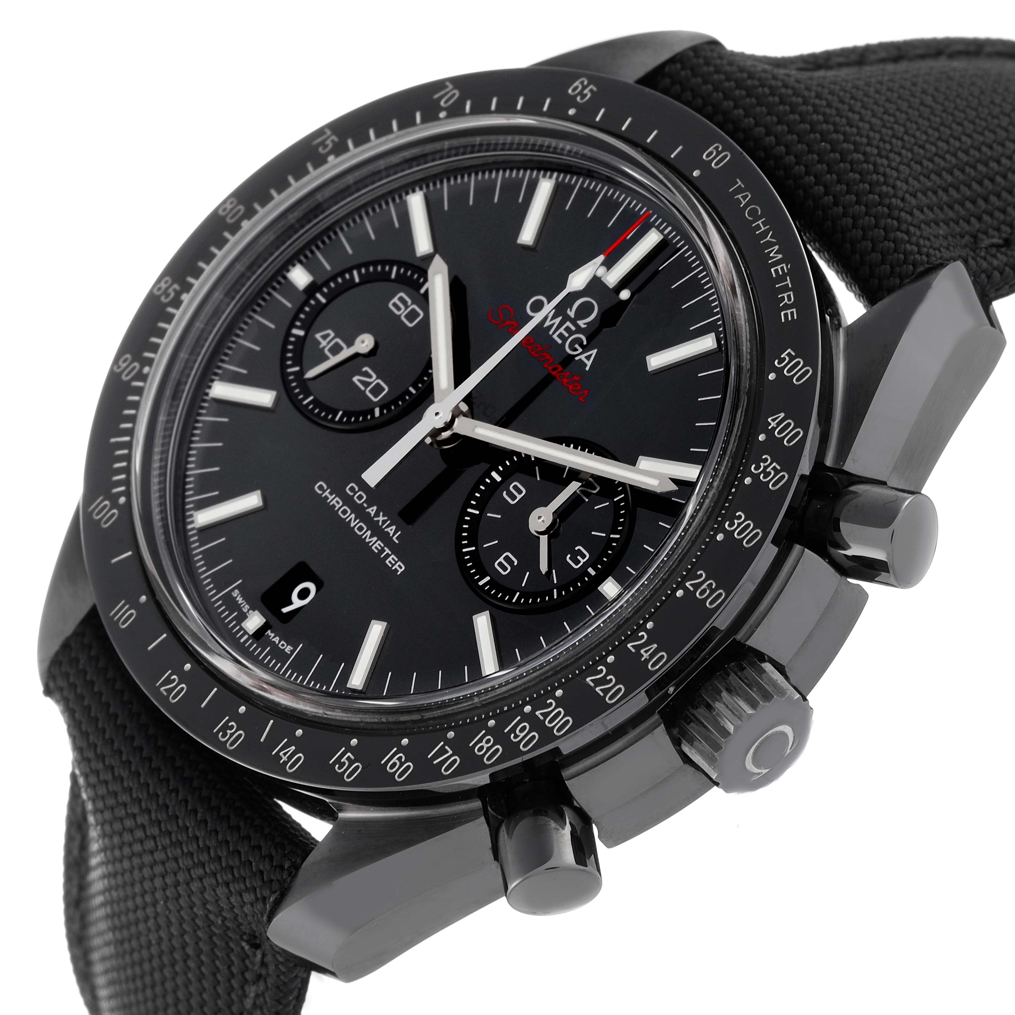The image shows an angled view of the Omega Speedmaster 311.92.44.51.01.003 Men's Ceramic Black Dial 311.92.44.51.01.003 Men's Ceramic Black Dial watch, highlighting its dial, bezel, pushers, crown, and strap.