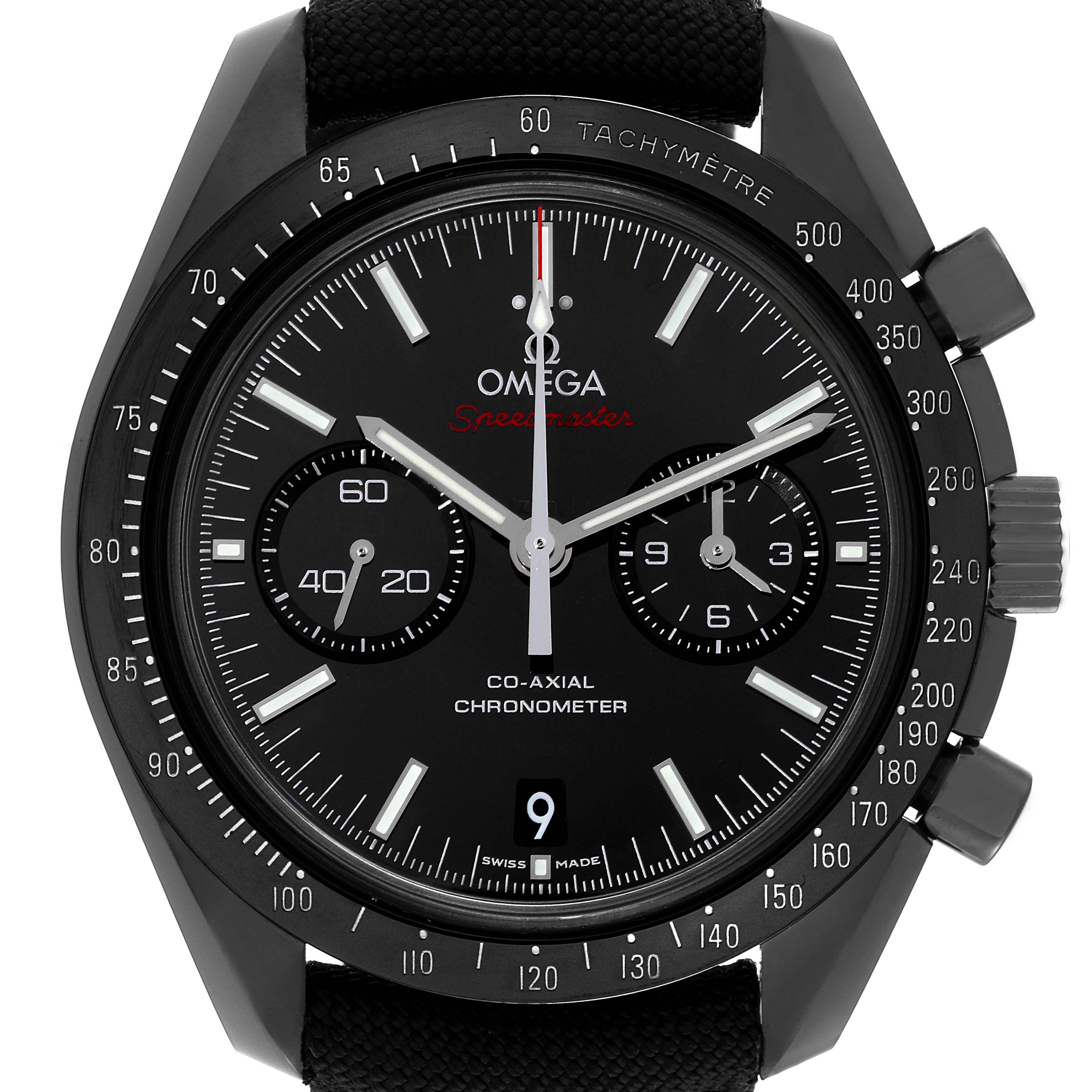 The image shows a front view of an Omega Speedmaster 311.92.44.51.01.003 Men's Ceramic Black Dial 311.92.44.51.01.003 Men's Ceramic Black Dial watch, highlighting the dial, subdials, hands, and tachymeter.