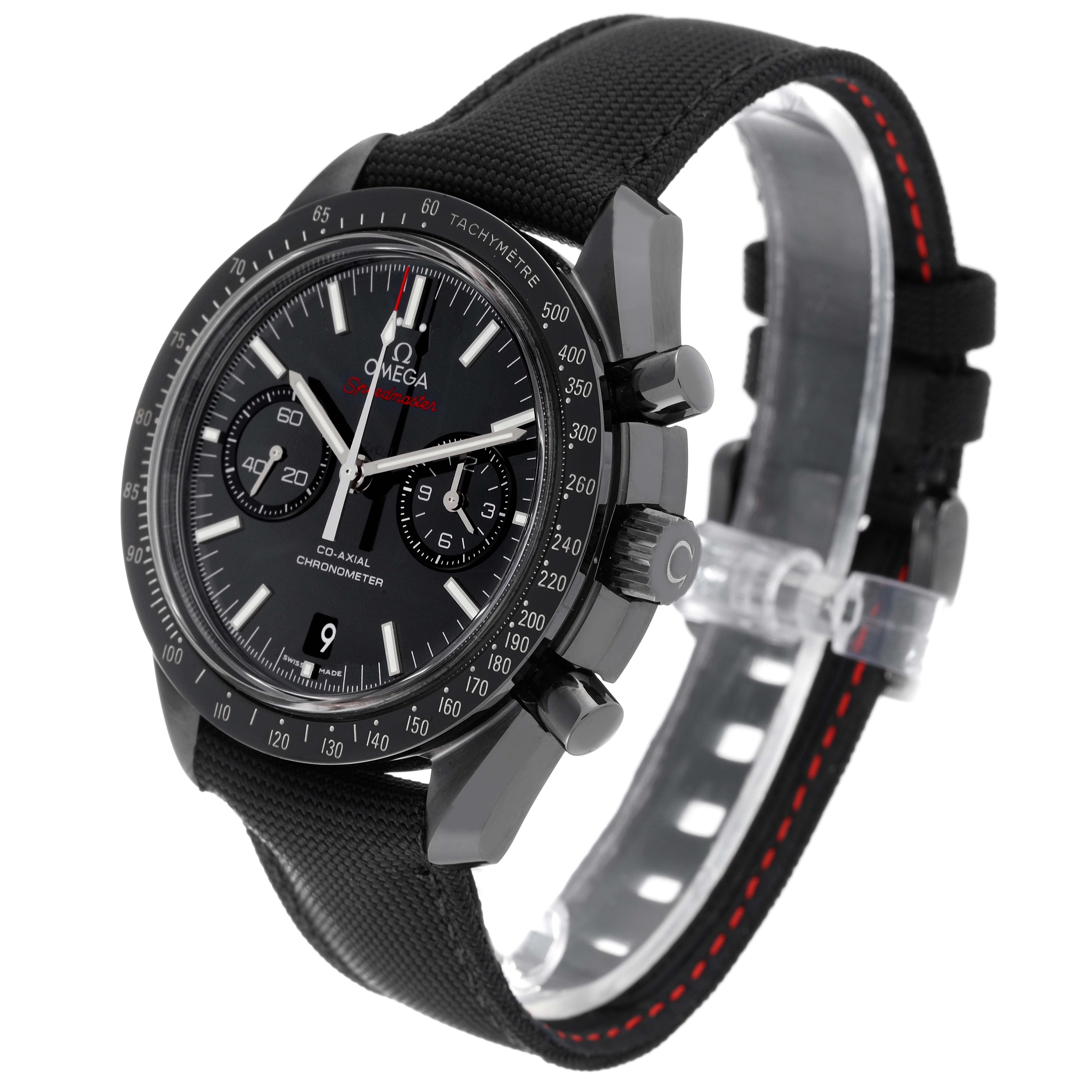 This image shows an Omega Speedmaster 311.92.44.51.01.003 Men's Ceramic Black Dial 311.92.44.51.01.003 Men's Ceramic Black Dial watch at a 3-quarter angle, highlighting the face, bezel, chronograph buttons, and strap.