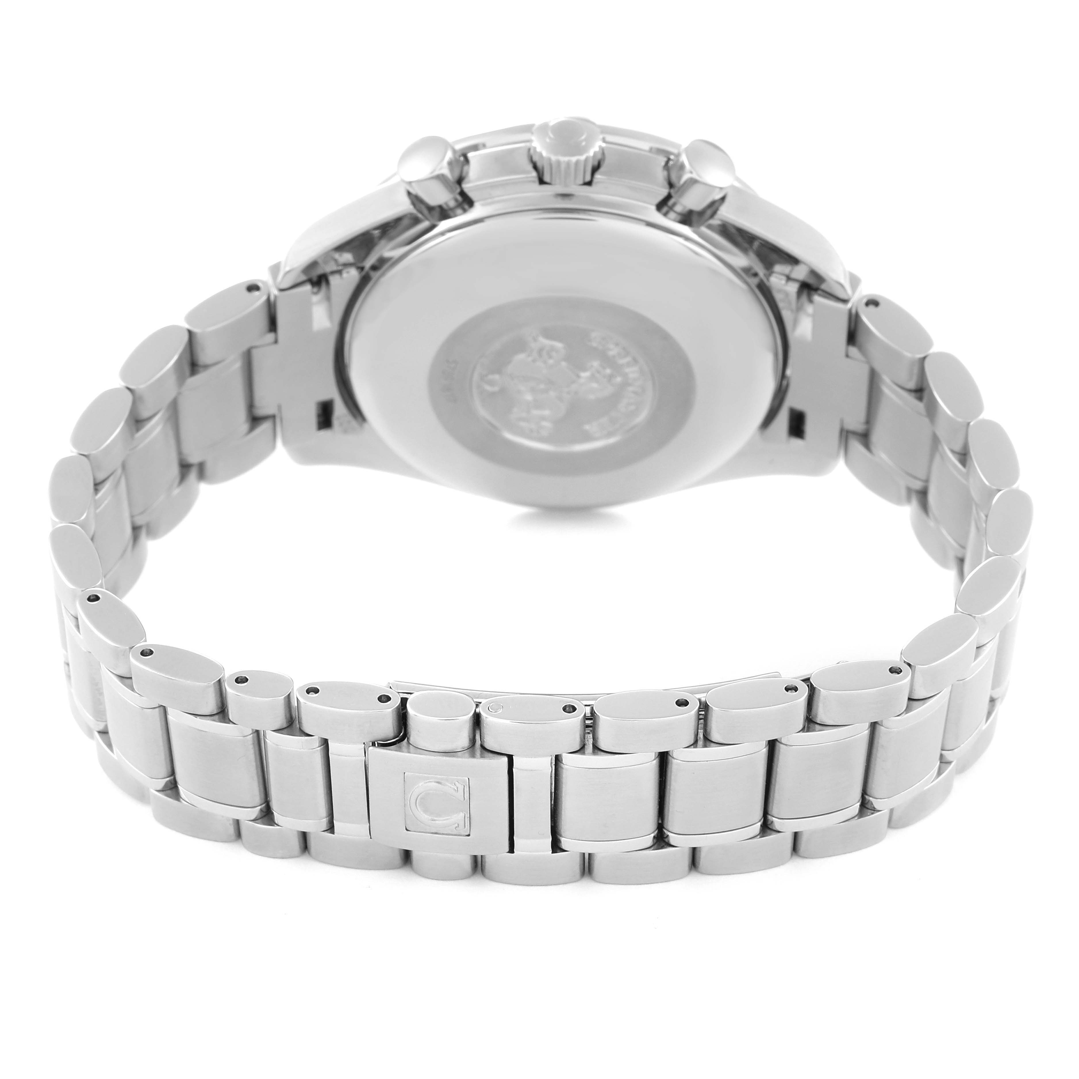 The image shows the back case and bracelet of an Omega Speedmaster 3513.50.00 Men
s Stainless Steel Black Dial 3513.50.00 Men
s Stainless Steel Black Dial watch, viewed from a nearly straight back angle.