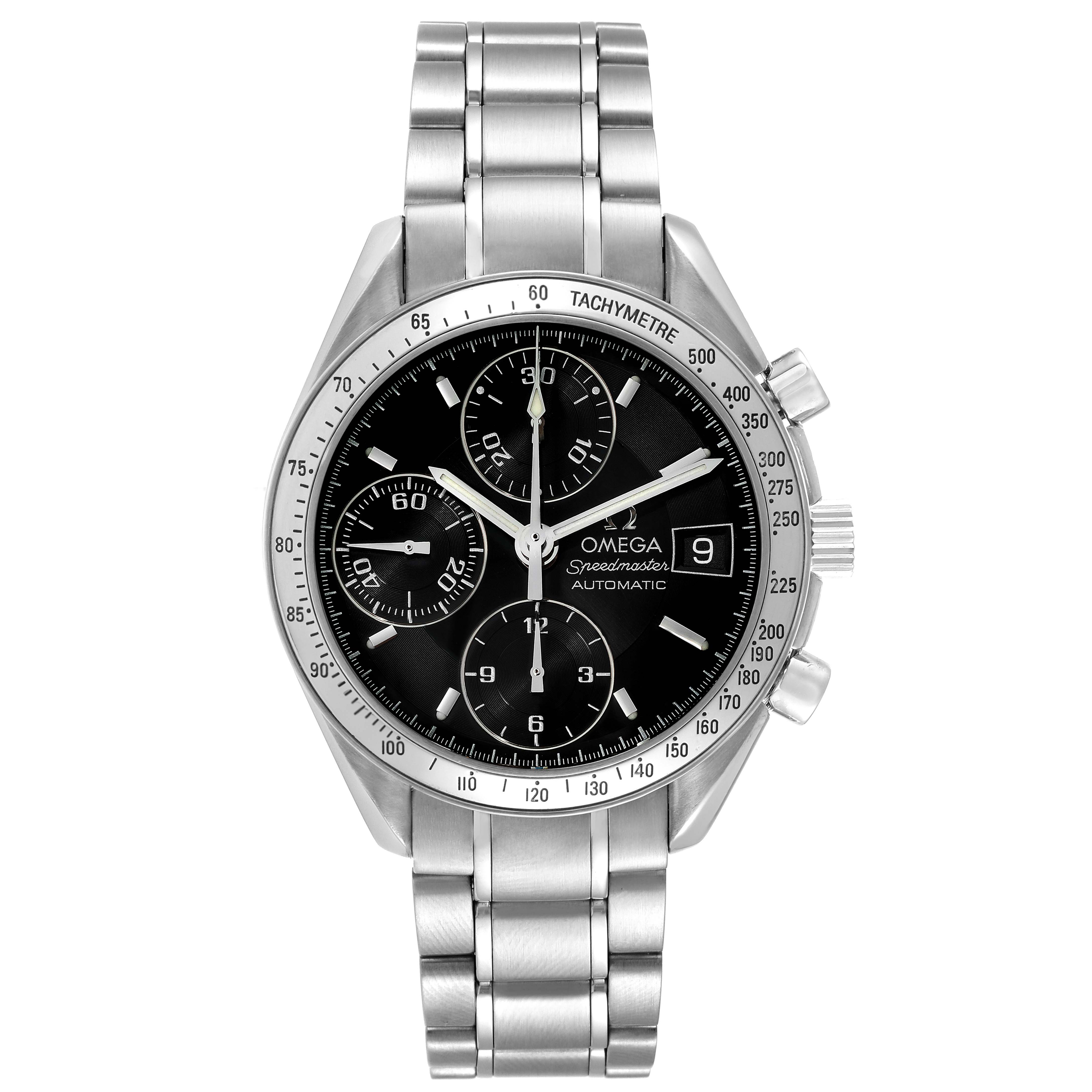 This image shows a front view of an Omega Speedmaster 3513.50.00 Men
s Stainless Steel Black Dial 3513.50.00 Men
s Stainless Steel Black Dial watch showcasing its stainless steel band and black dial with subdials.