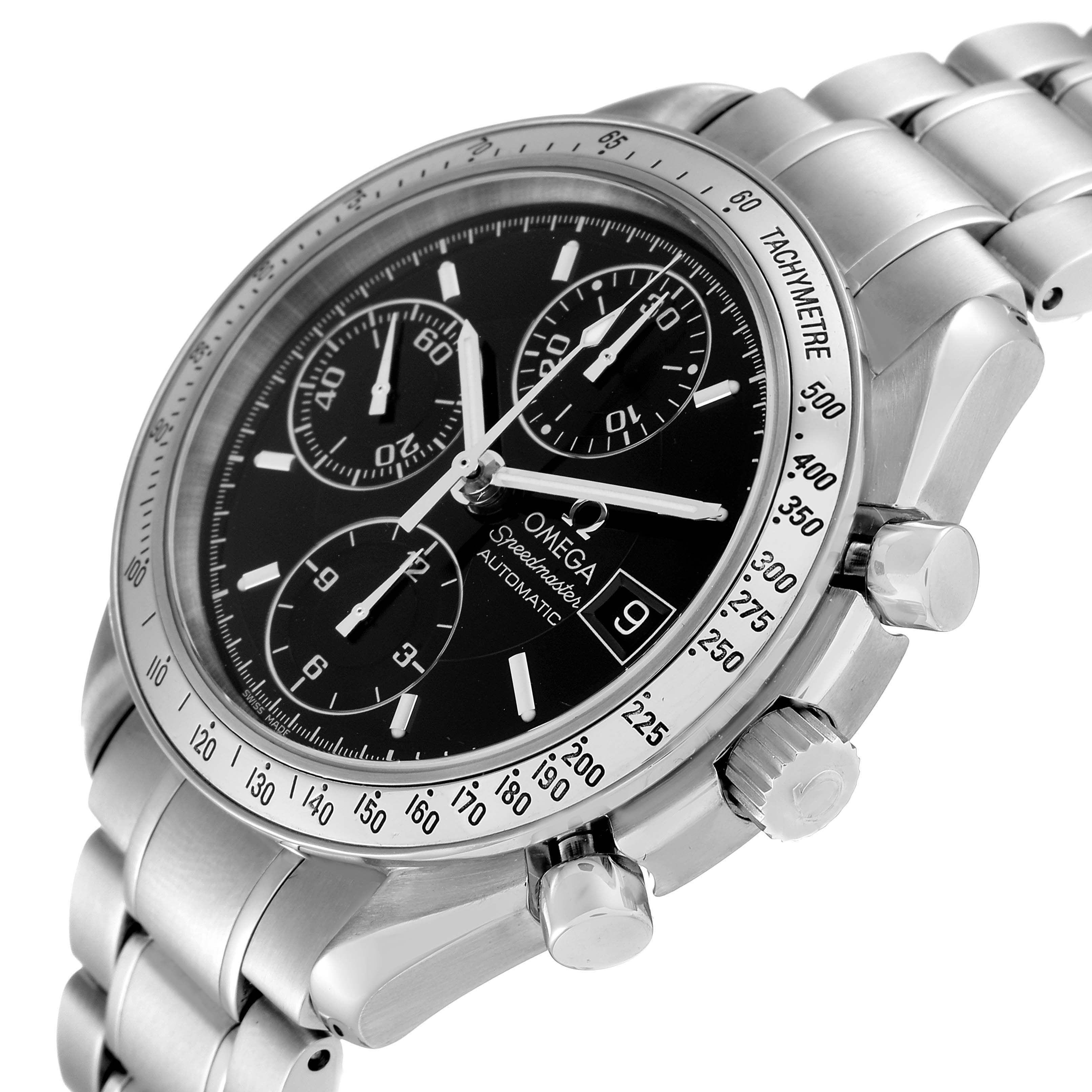 The image shows an angled view of an Omega Speedmaster 3513.50.00 Men
s Stainless Steel Black Dial 3513.50.00 Men
s Stainless Steel Black Dial watch, highlighting the dial, tachymeter bezel, crown, and chronograph pushers.