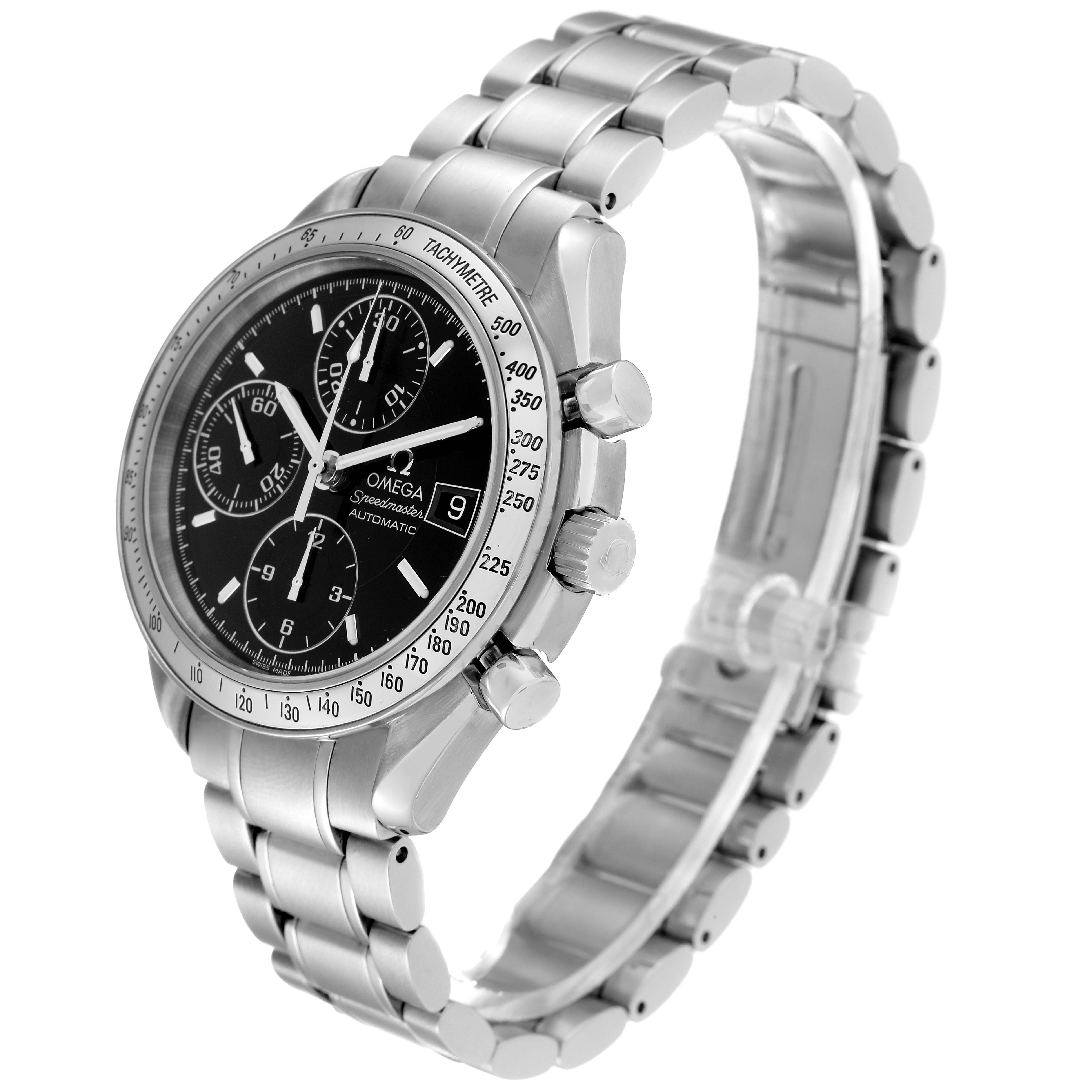 The image shows an Omega Speedmaster 3513.50.00 Men
s Stainless Steel Black Dial 3513.50.00 Men
s Stainless Steel Black Dial watch at a three-quarter angle, highlighting the face, bezel, chronograph, and bracelet.