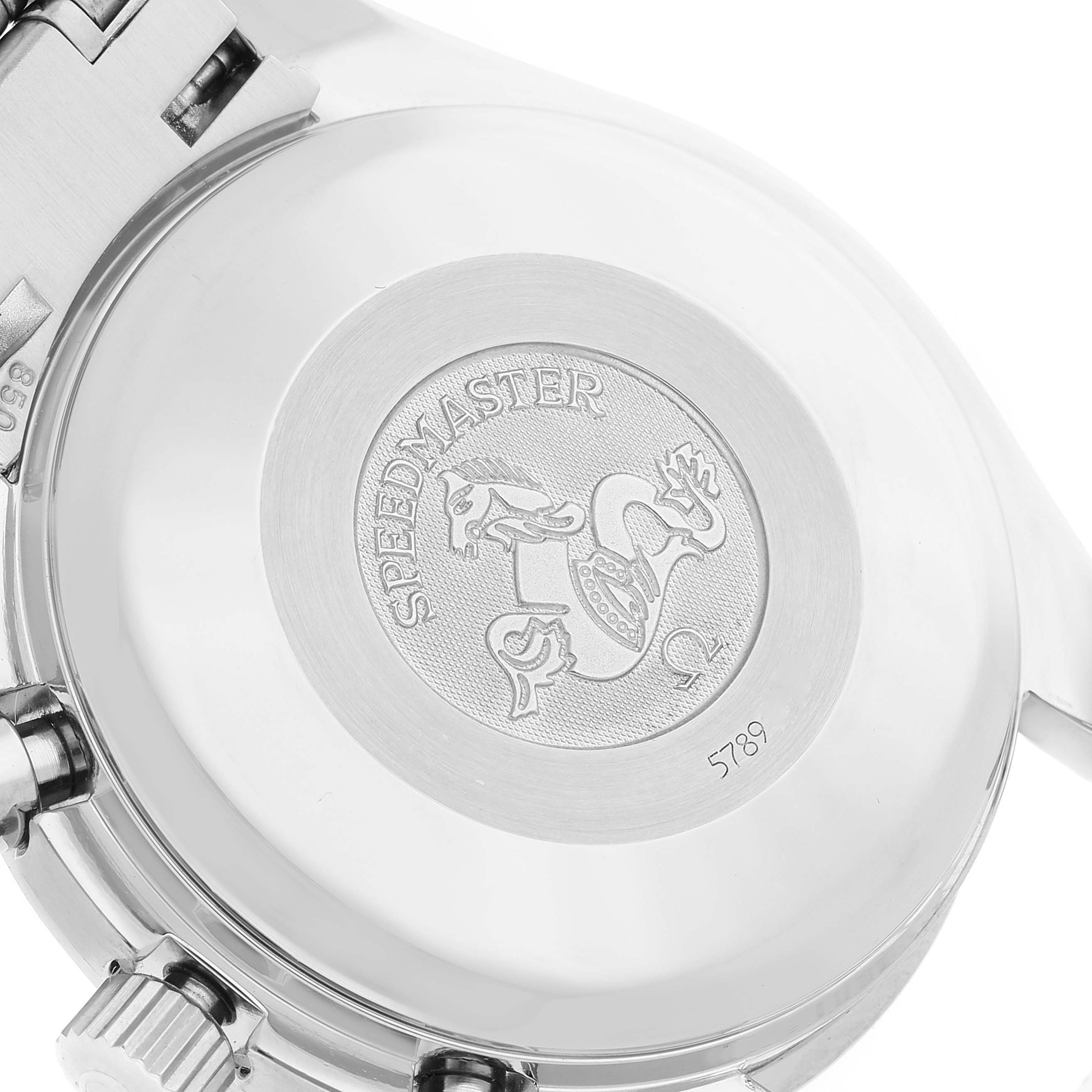 The image shows the back case of an Omega Speedmaster 3513.50.00 Men
s Stainless Steel Black Dial 3513.50.00 Men
s Stainless Steel Black Dial watch, featuring the engraved logo and text.