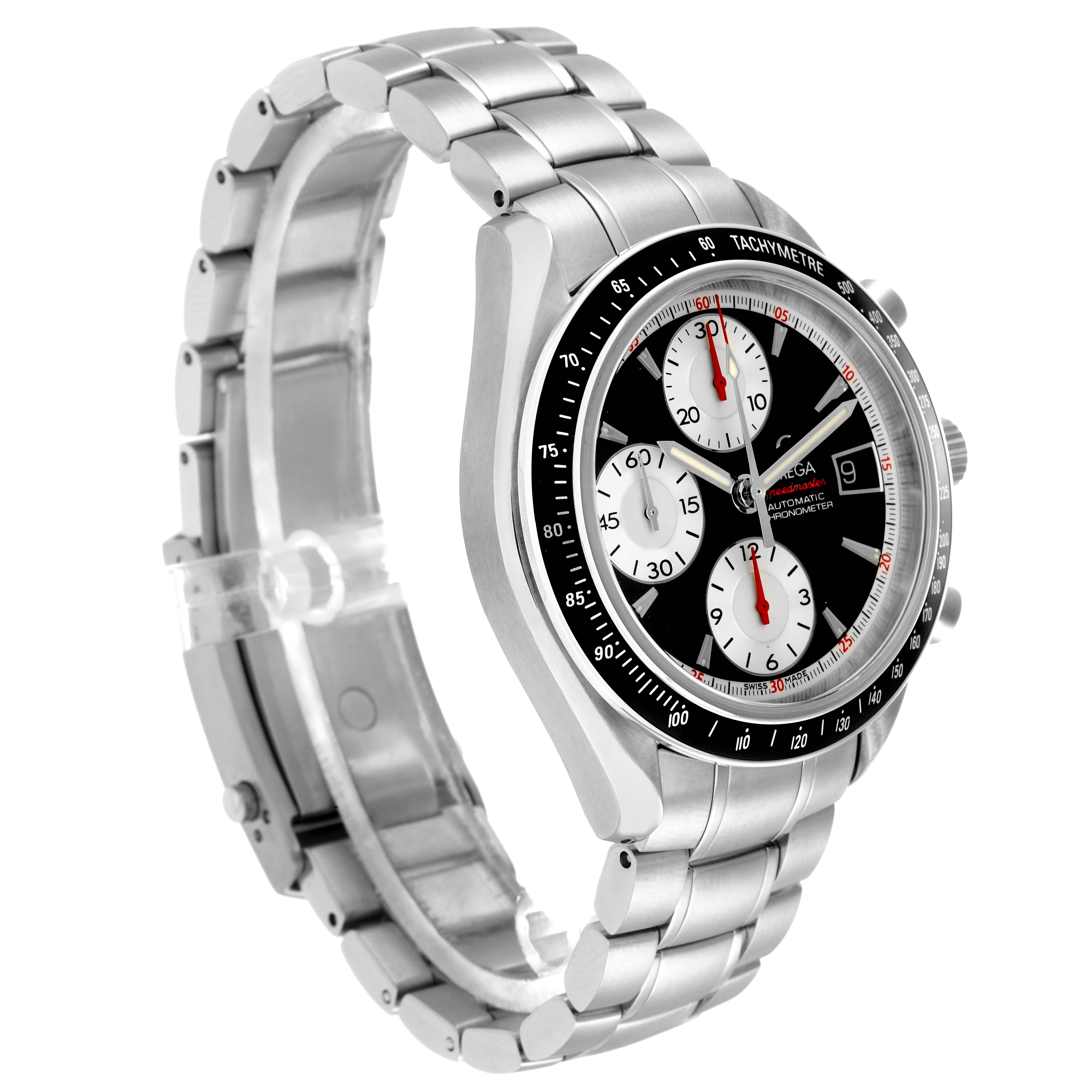 The Omega Speedmaster model 3210.51.00 is shown at a three-quarter angle displaying the black dial, tachymeter bezel, chronograph subdials, and metal bracelet.