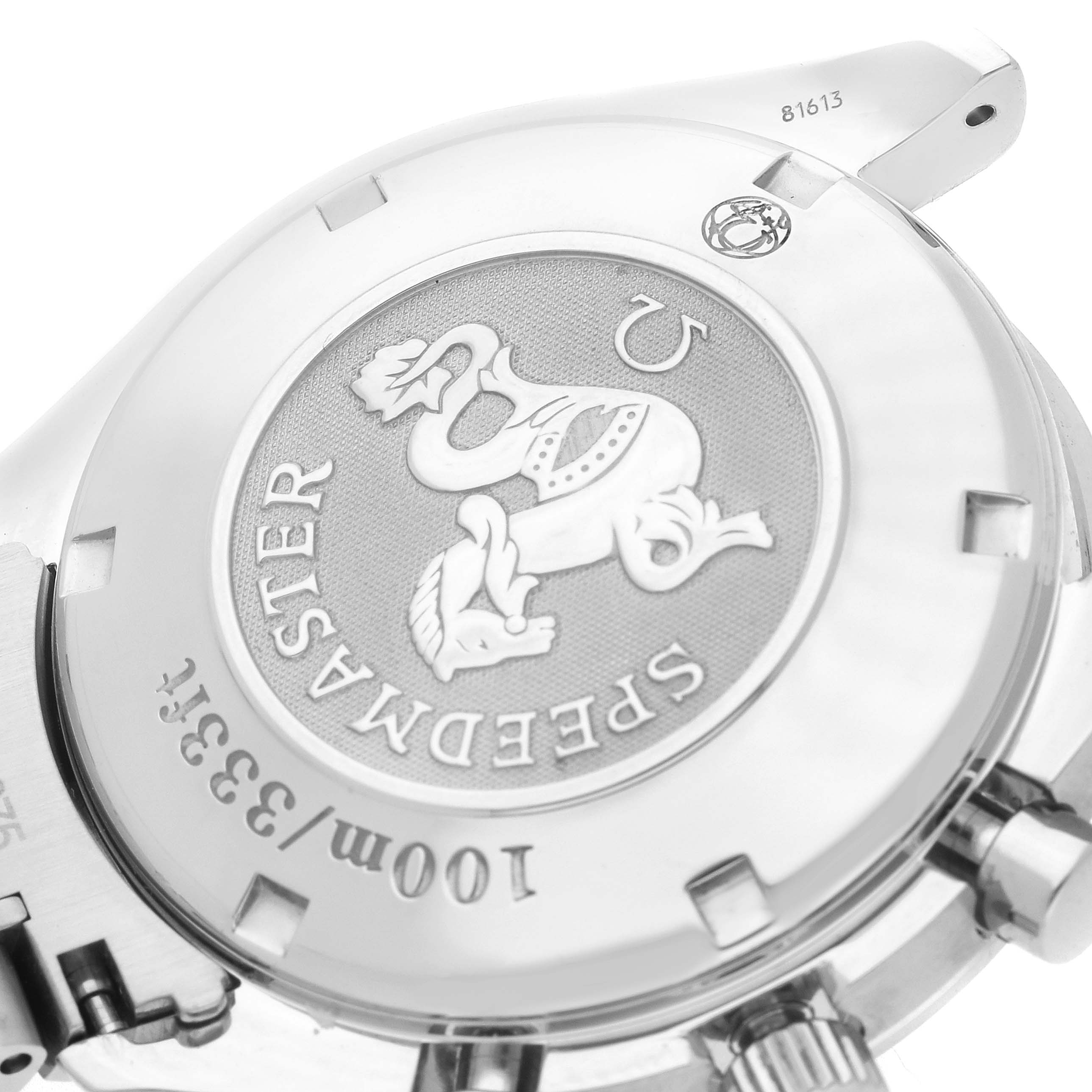 The image shows the case back of the Omega Speedmaster model 3210.51.00, featuring the Speedmaster logo and part of the watch
s lugs.