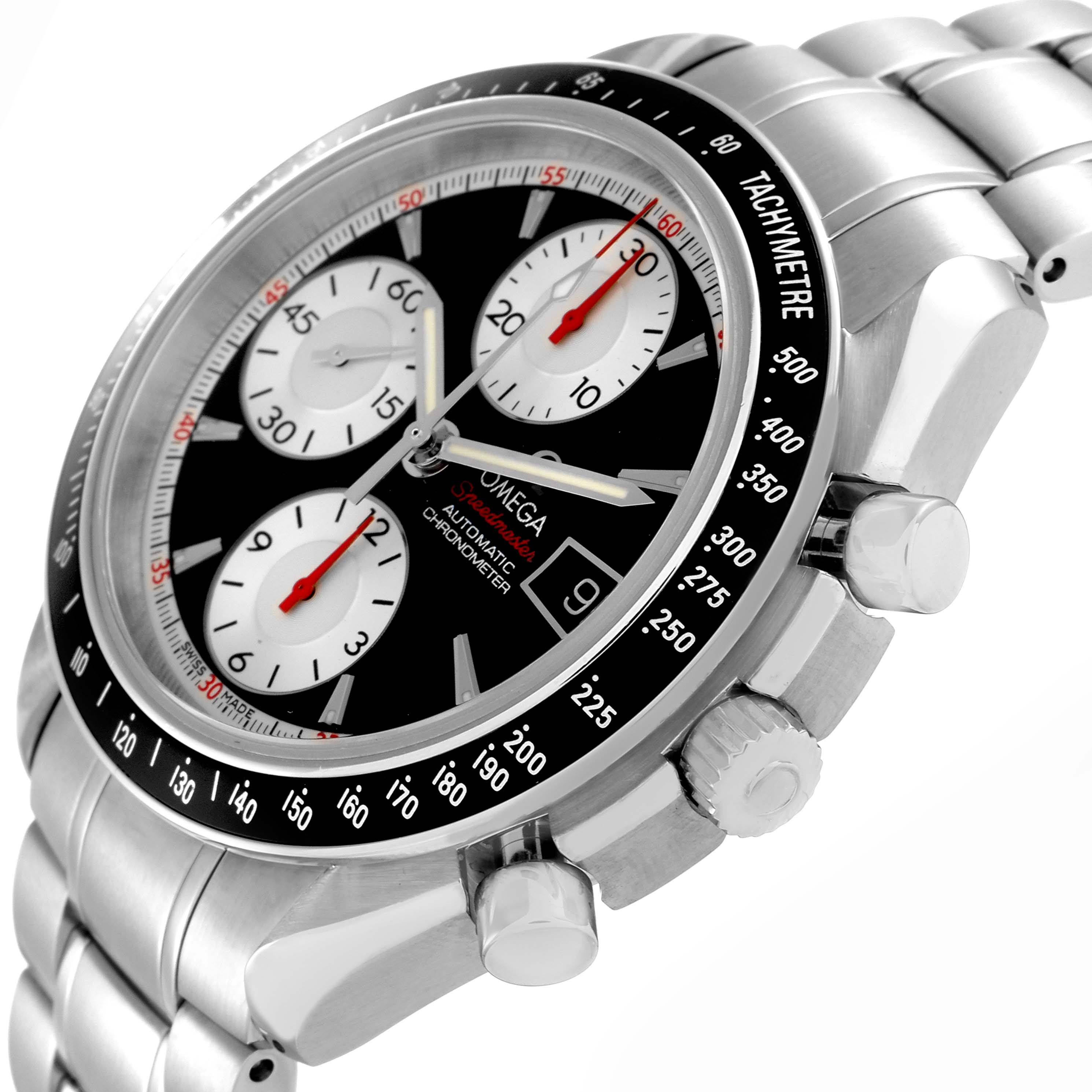 The Omega Speedmaster model 3210.51.00 is shown at a slight angle, featuring the watch face, subdials, crown, pushers, and a portion of the metal bracelet.