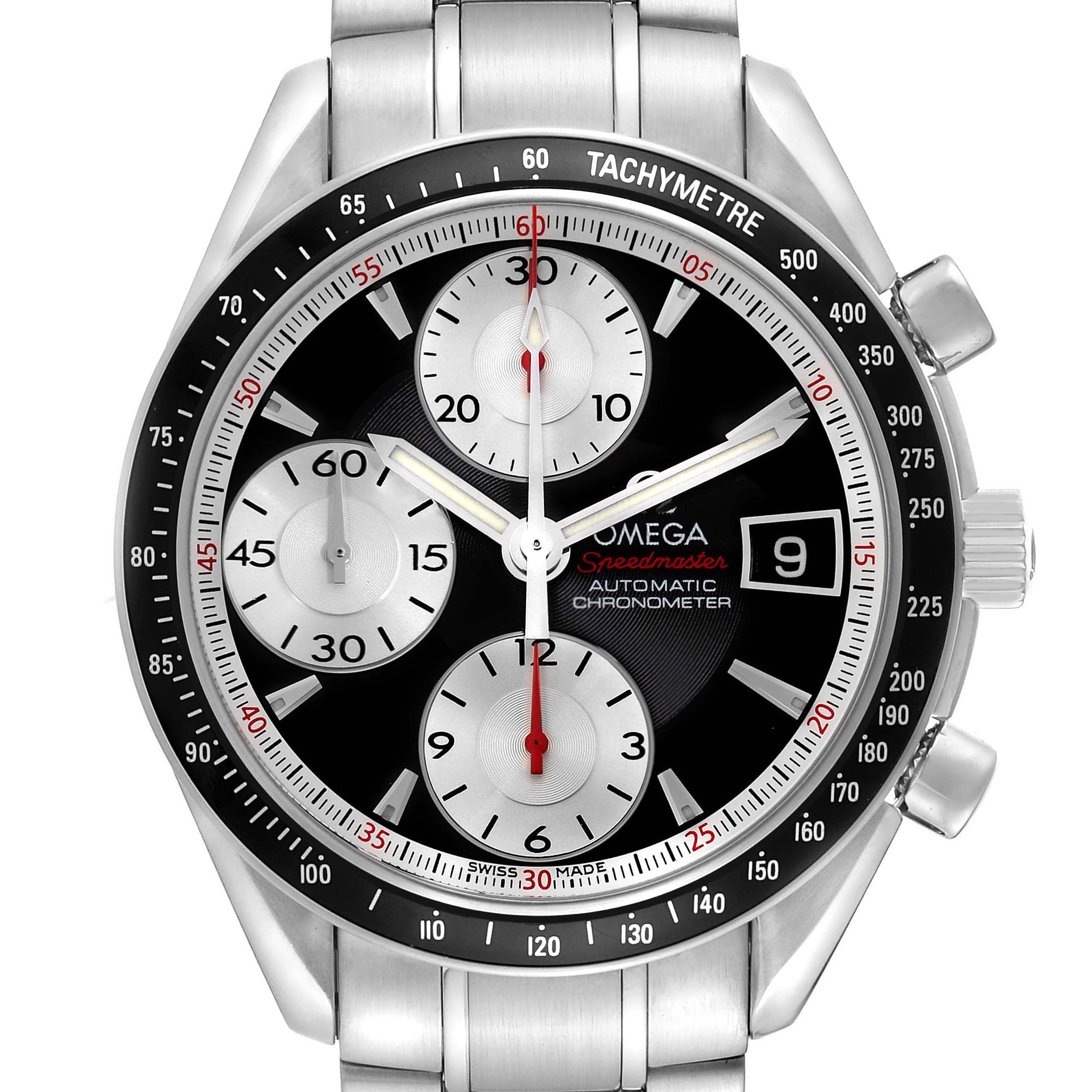 The Omega Speedmaster model 3210.51.00 is shown from a front angle, displaying the face, subdials, tachymeter bezel, crown, and part of the bracelet.