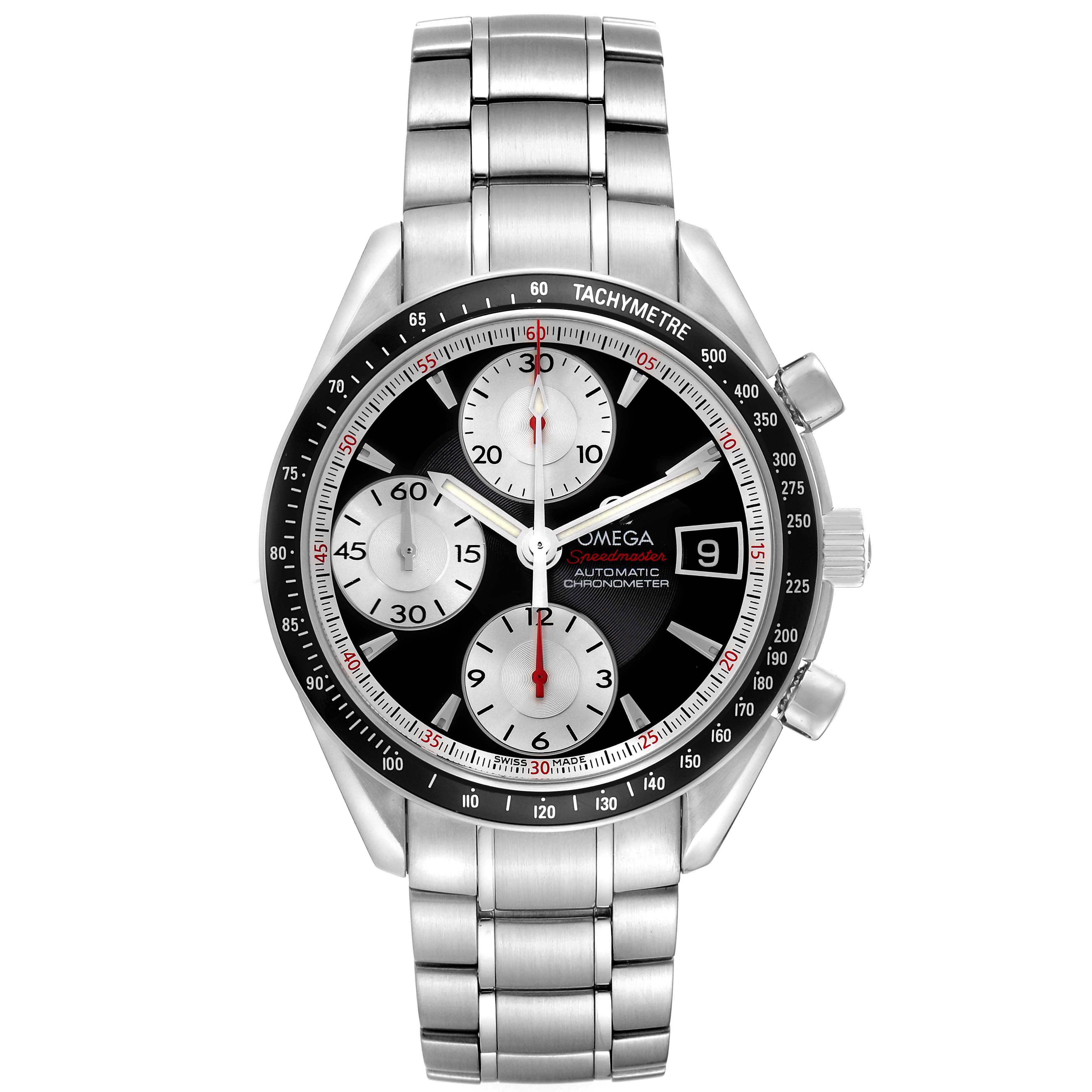 The Omega Speedmaster model 3210.51.00 men
s watch is shown from a top-down angle, highlighting its face, bezel, chronograph dials, and metal bracelet.