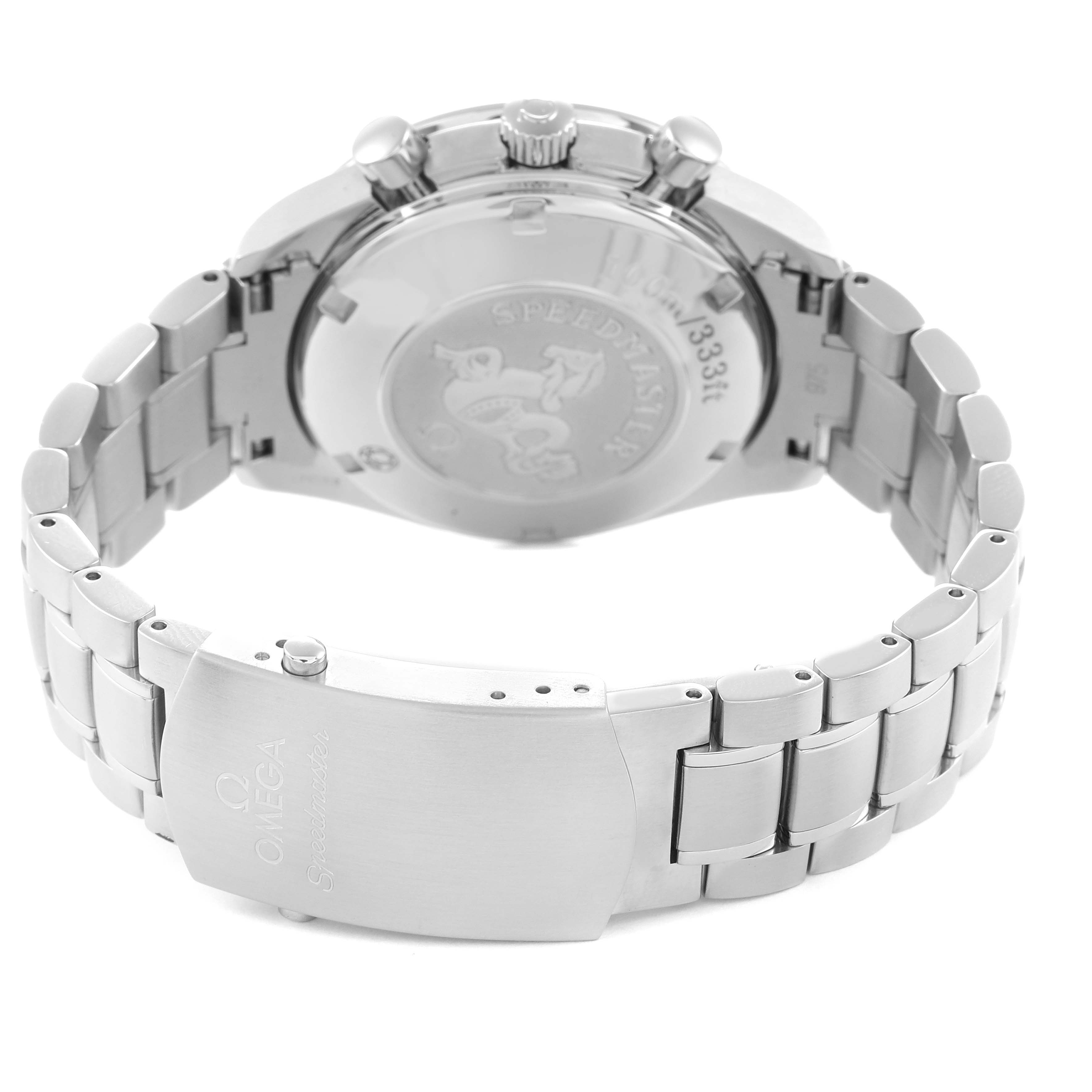 The image shows the back of the Omega Speedmaster model 3210.51.00, highlighting the case back, crown, pushers, and metal bracelet with the clasp.