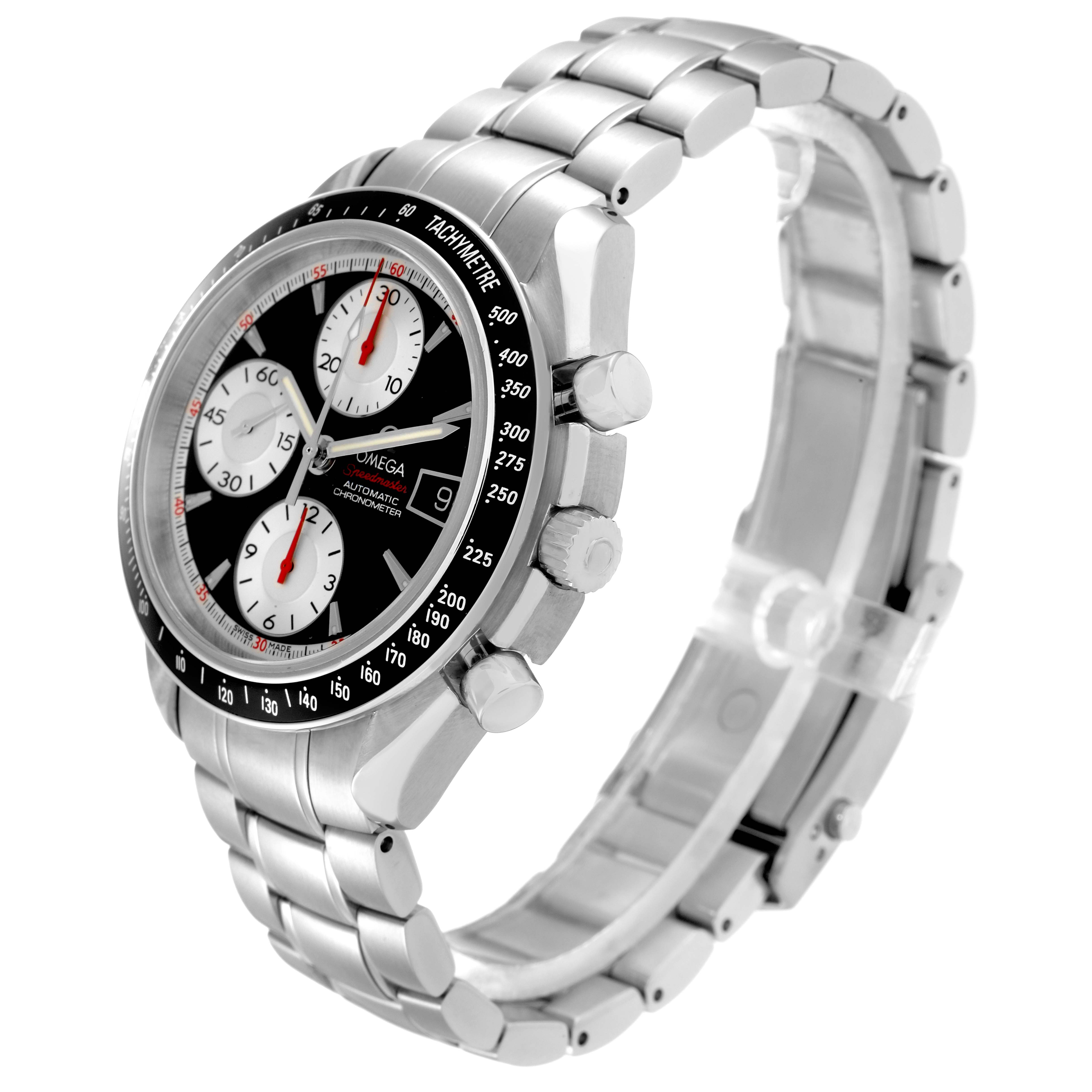 The image shows an Omega Speedmaster model 3210.51.00 from a three-quarter angle, highlighting the face, bezel, pushers, and stainless steel bracelet.