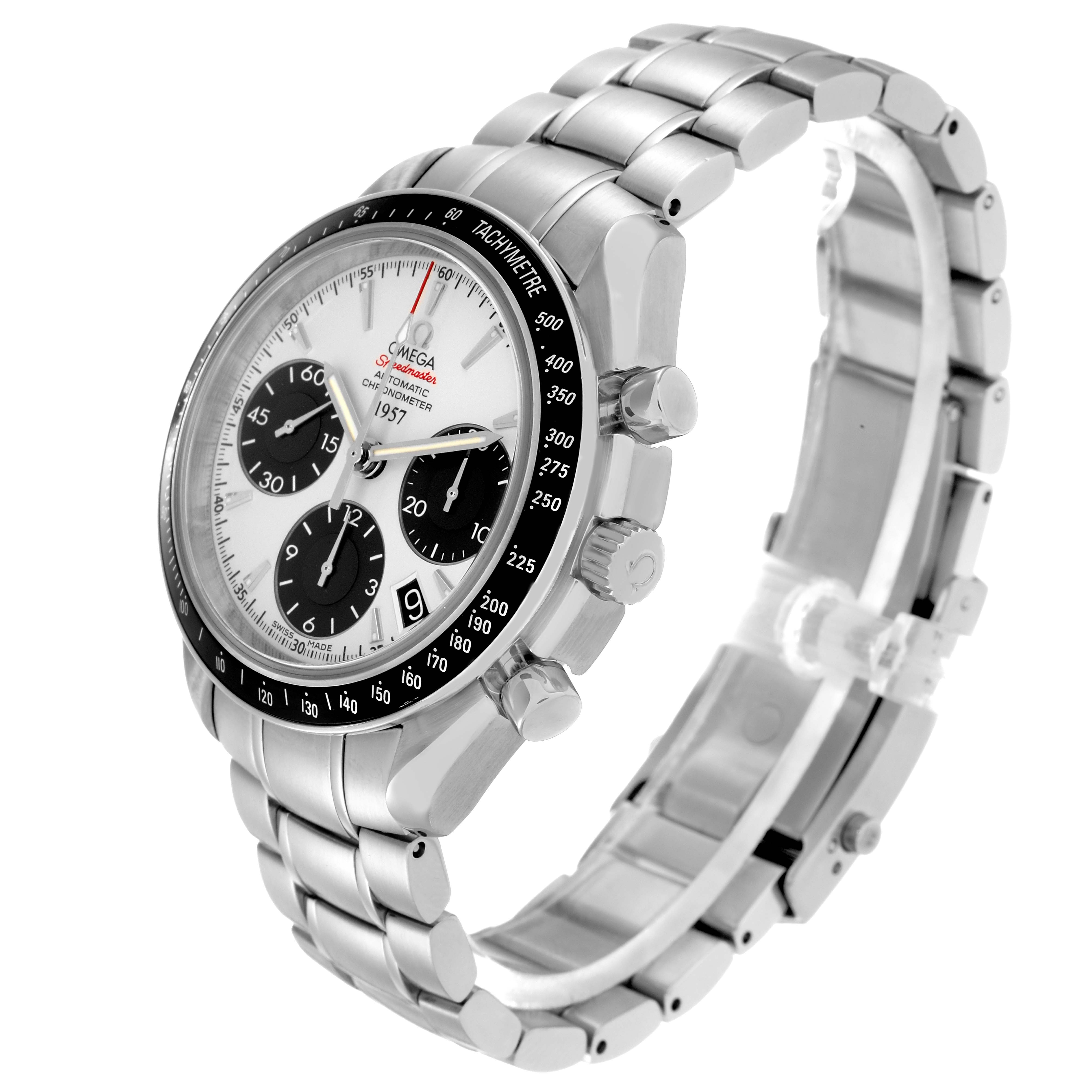 The image shows a side and slightly angled view of the Omega Speedmaster model 323.30.40.40.02.001, highlighting the face, bezel, crown, and metal bracelet.