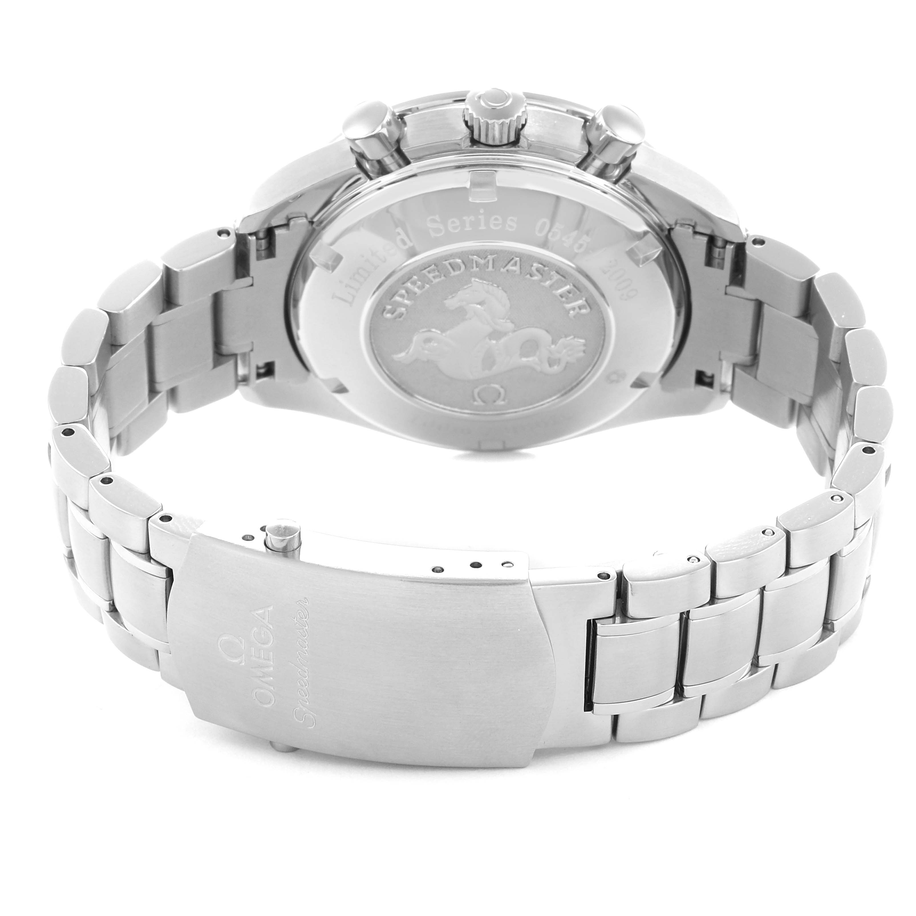 The image shows the back of the Omega Speedmaster model 323.30.40.40.02.001 men
s watch, highlighting the case back, clasp, and bracelet.