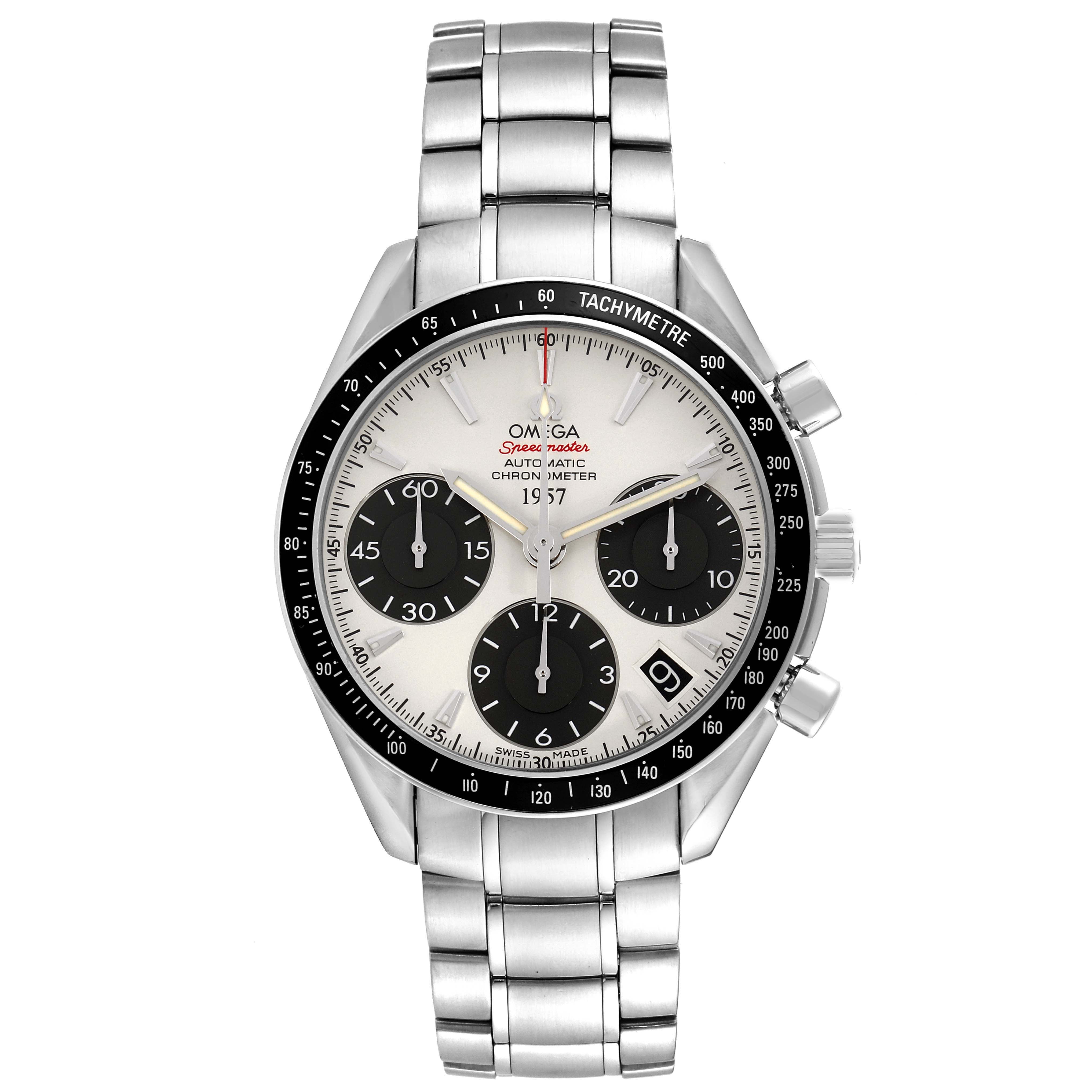 The Omega Speedmaster model 323.30.40.40.02.001 is shown from a front view, displaying the dial, bezel, subdials, crown, and stainless steel bracelet.