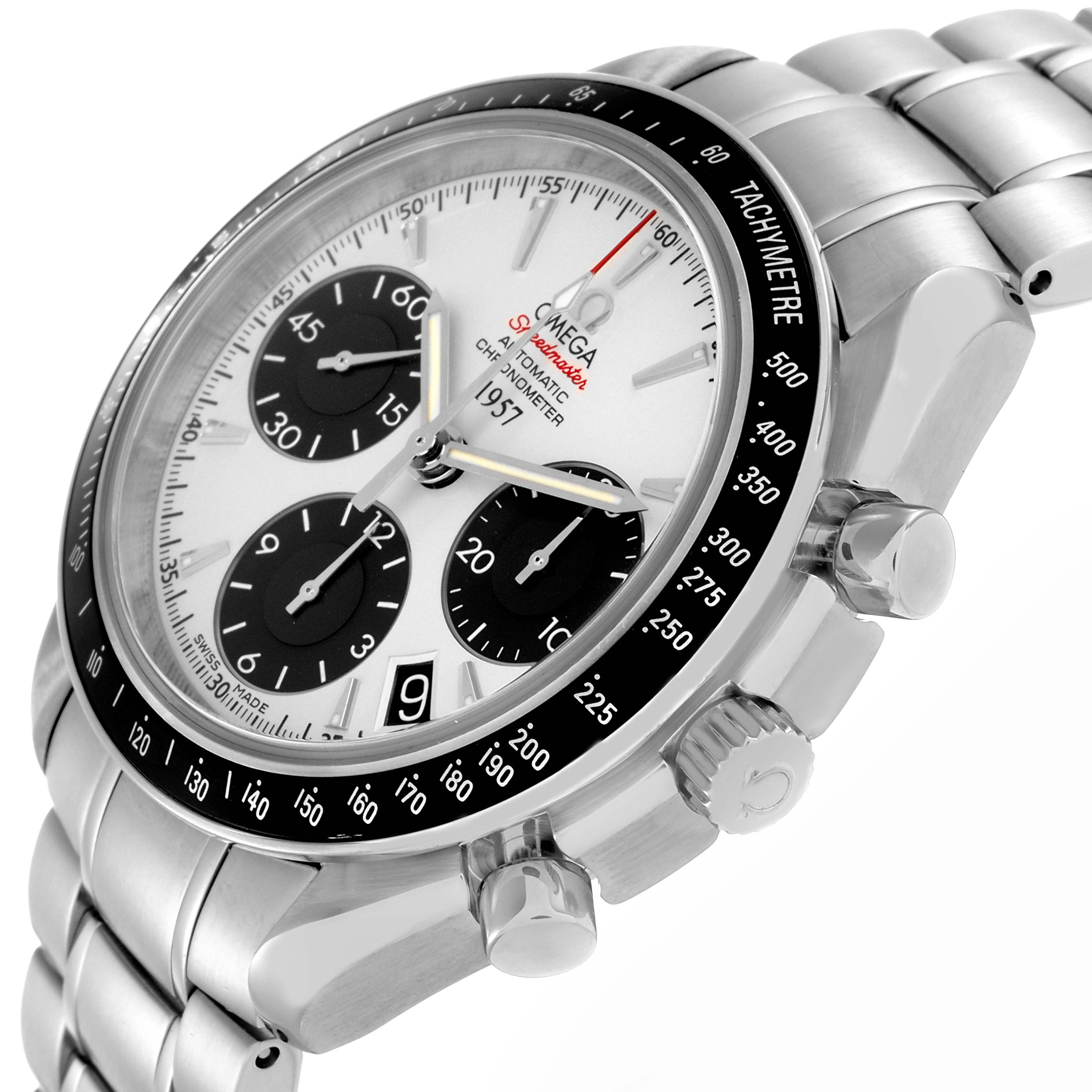 The Omega Speedmaster model 323.30.40.40.02.001 is shown at an angle highlighting the dial, tachymeter bezel, pushers, and stainless steel bracelet.
