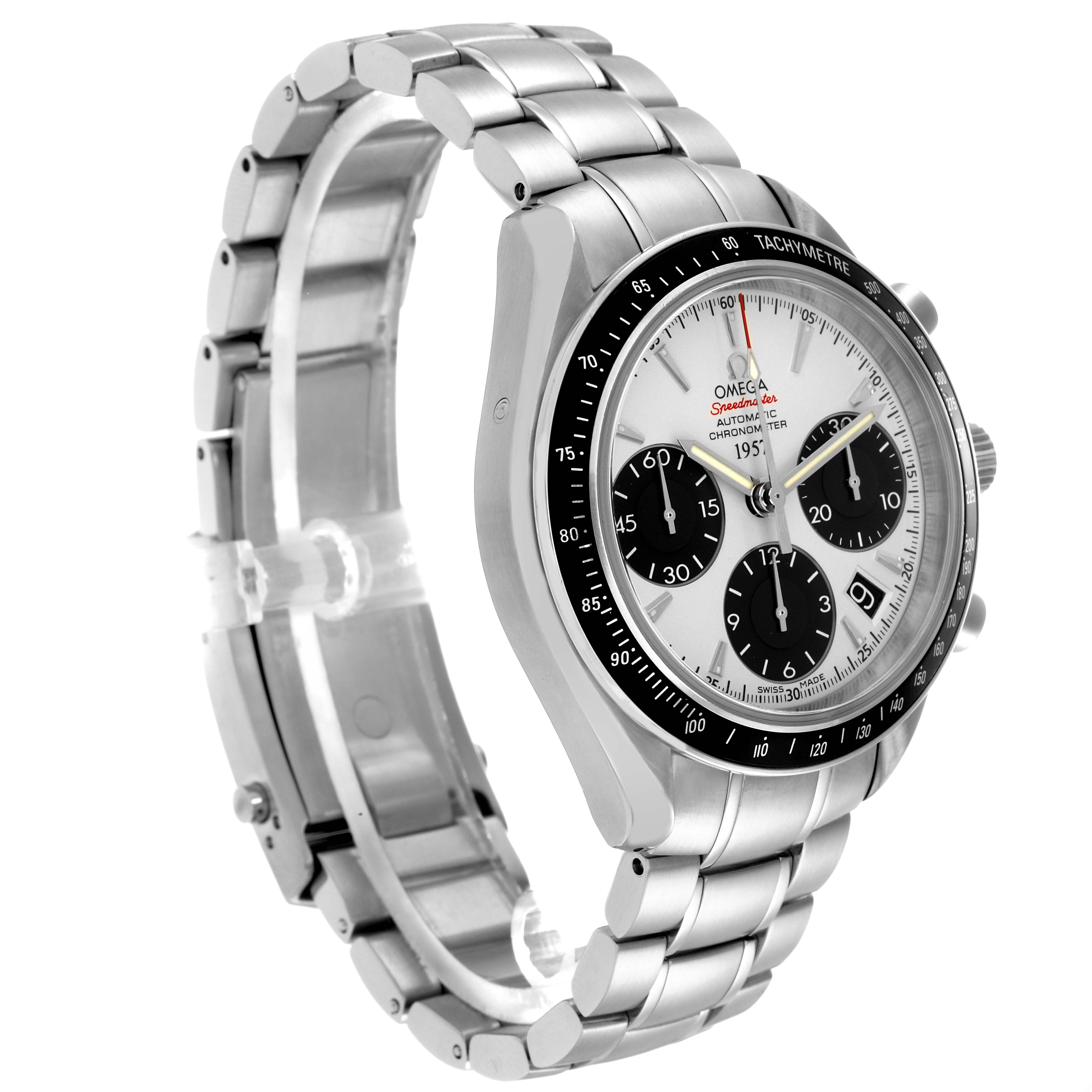 The Omega Speedmaster model 323.30.40.40.02.001 is shown at a side angle, highlighting its bracelet, bezel, and chronograph subdials.