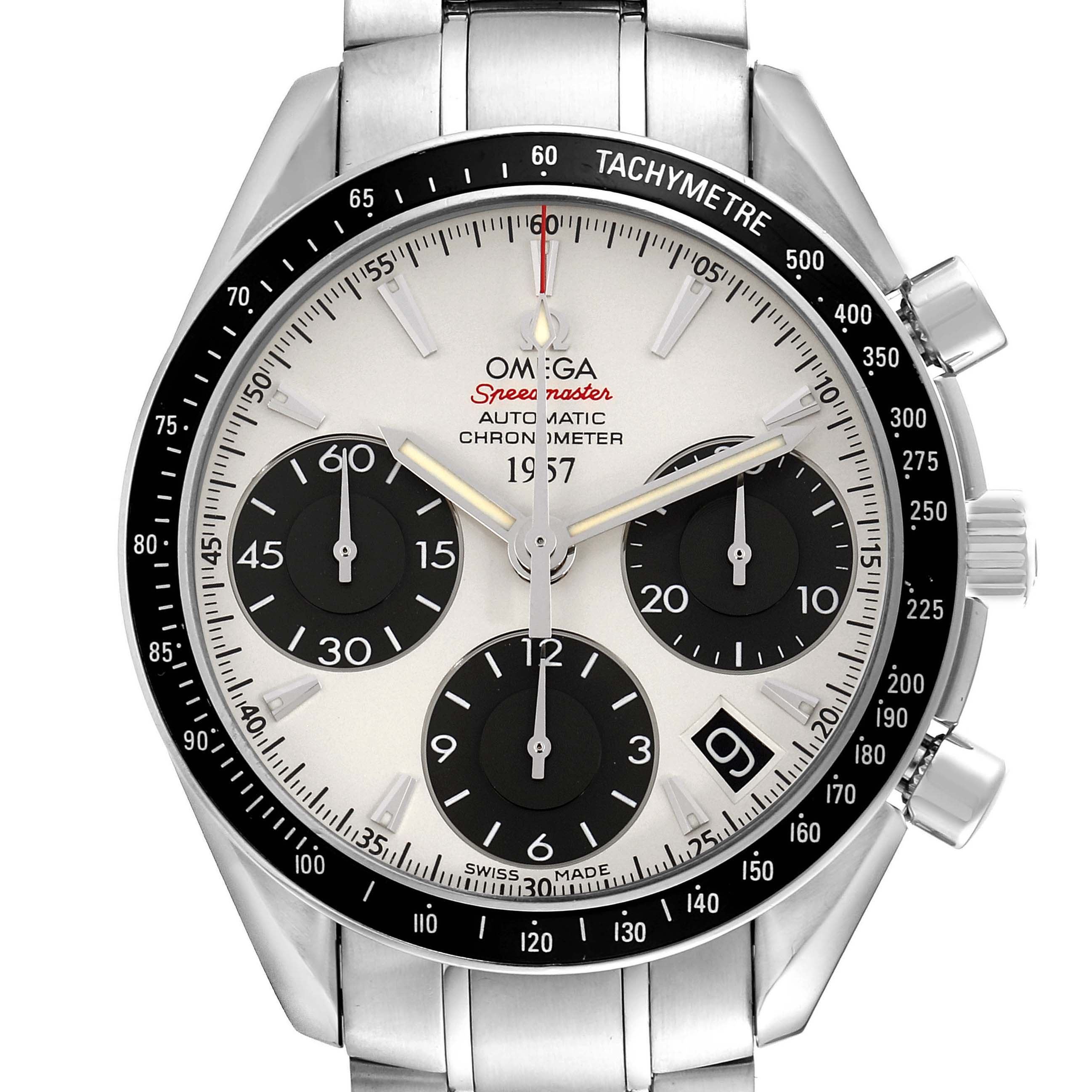 The Omega Speedmaster model 323.30.40.40.02.001 is shown from the front, highlighting the dial, tachymeter bezel, chronograph subdials, and bracelet links.