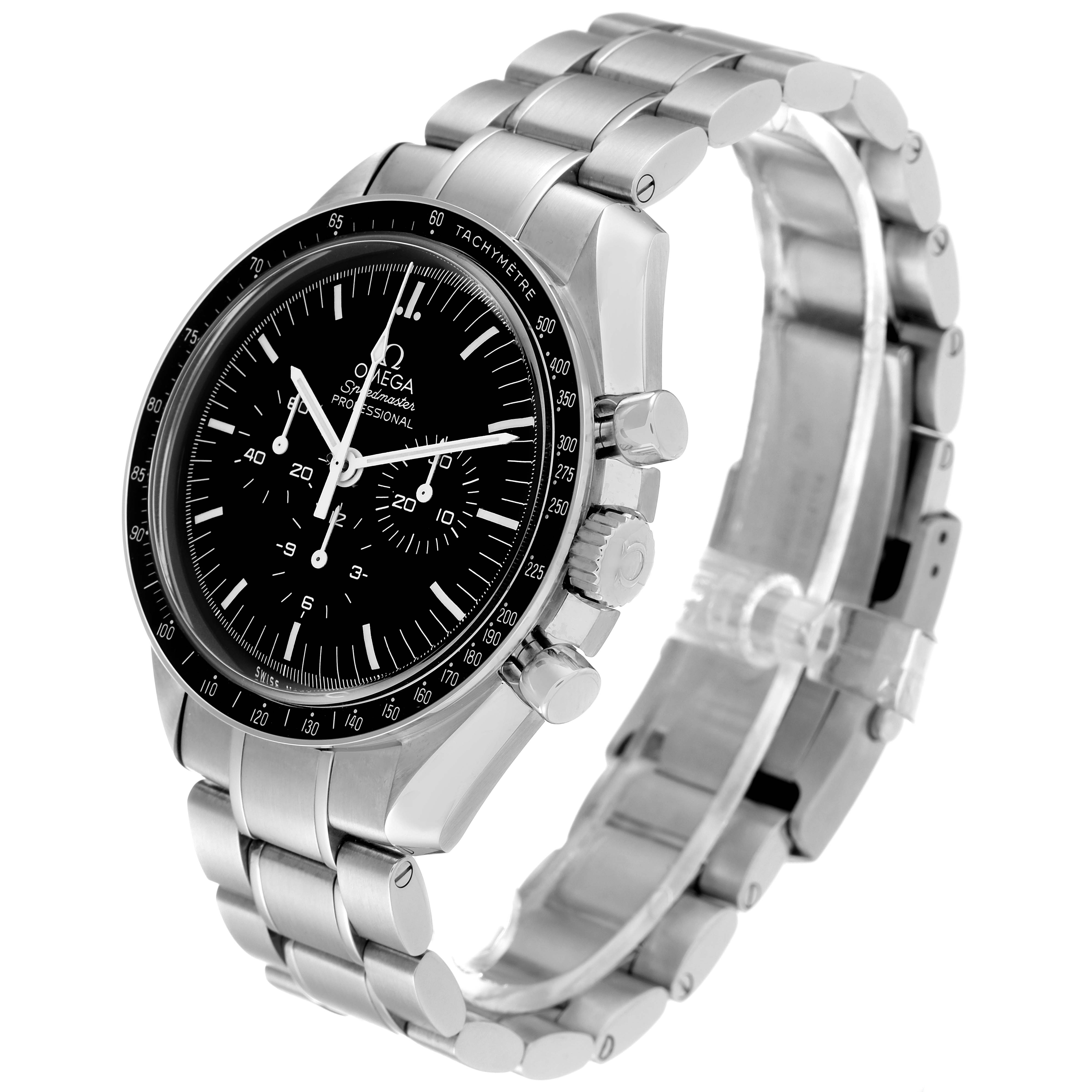 The image shows a side angle of an Omega Speedmaster 311.30.42.30.01.005 Men
s Stainless Steel Black Dial 311.30.42.30.01.005 Men
s Stainless Steel Black Dial watch, displaying the face, bezel, crown, pushers, and bracelet.