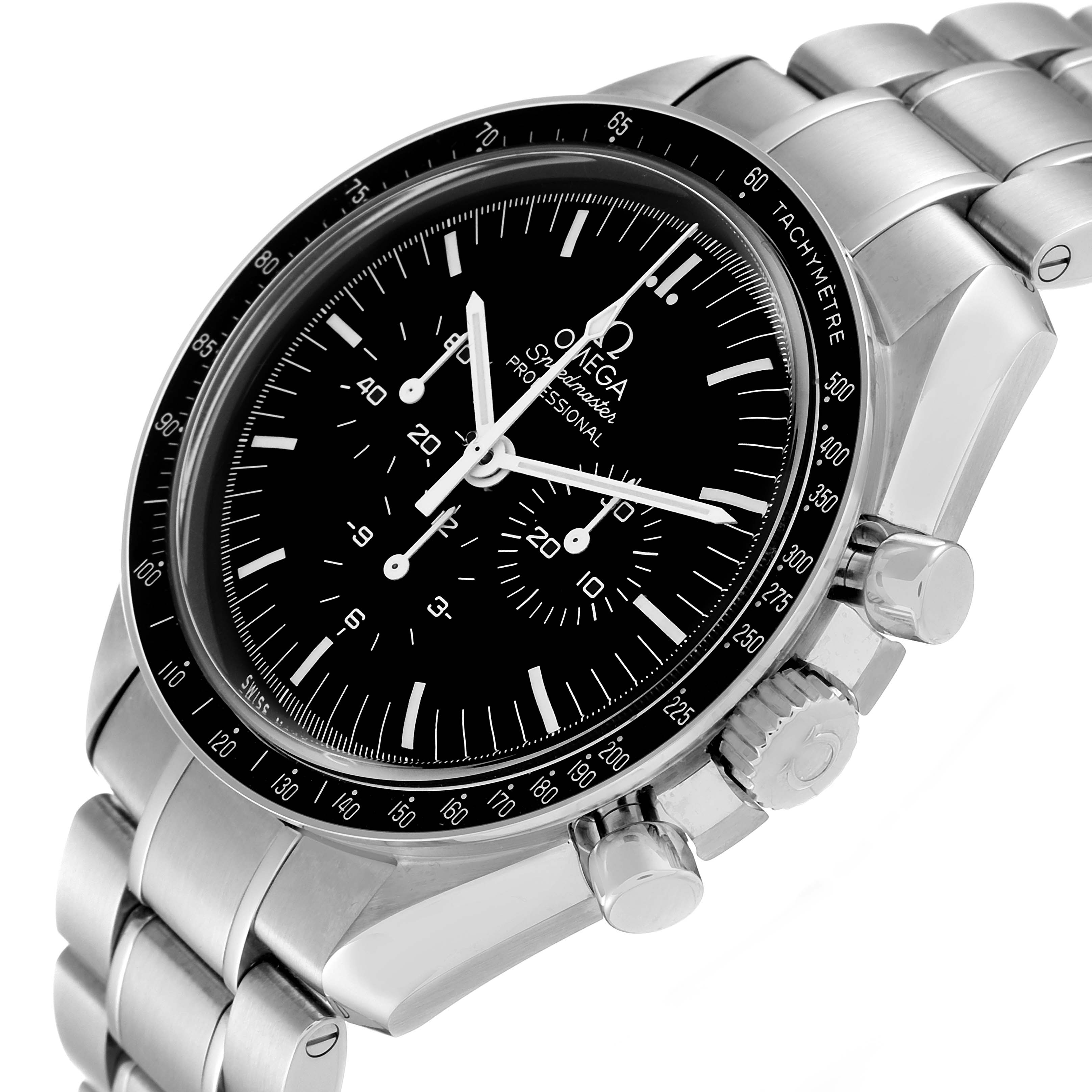 The image shows an Omega Speedmaster 311.30.42.30.01.005 Men
s Stainless Steel Black Dial 311.30.42.30.01.005 Men
s Stainless Steel Black Dial watch at a slight angle, highlighting the bezel, dial, crown, and stainless steel bracelet.