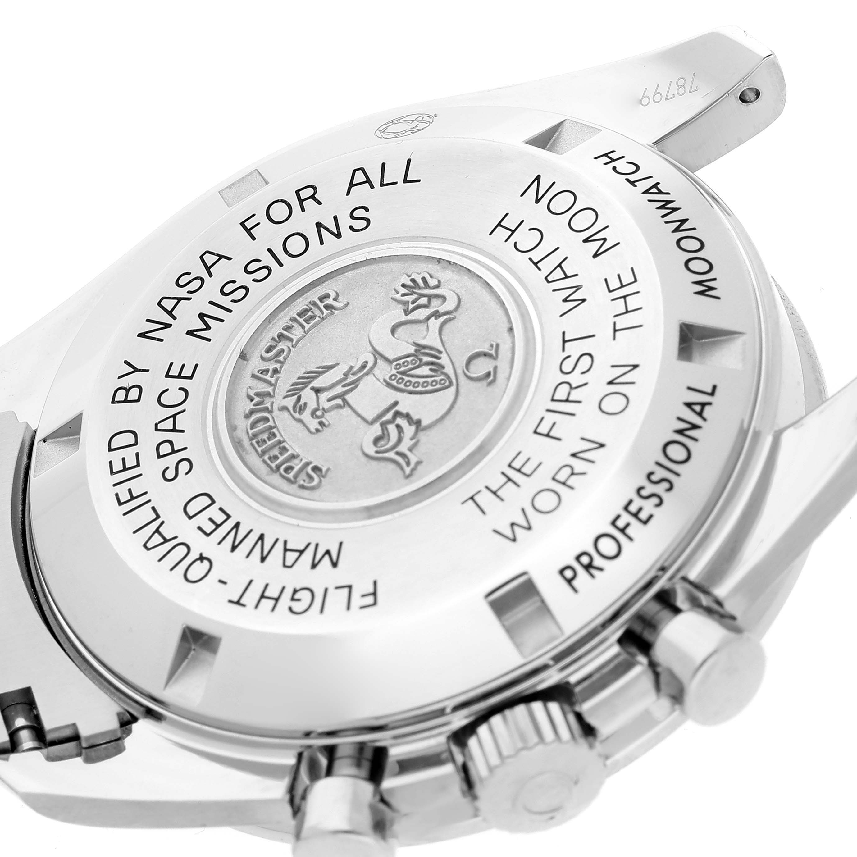 The image shows the case back and side view of an Omega Speedmaster 311.30.42.30.01.005 Men
s Stainless Steel Black Dial 311.30.42.30.01.005 Men
s Stainless Steel Black Dial, detailing its inscriptions and engravings.