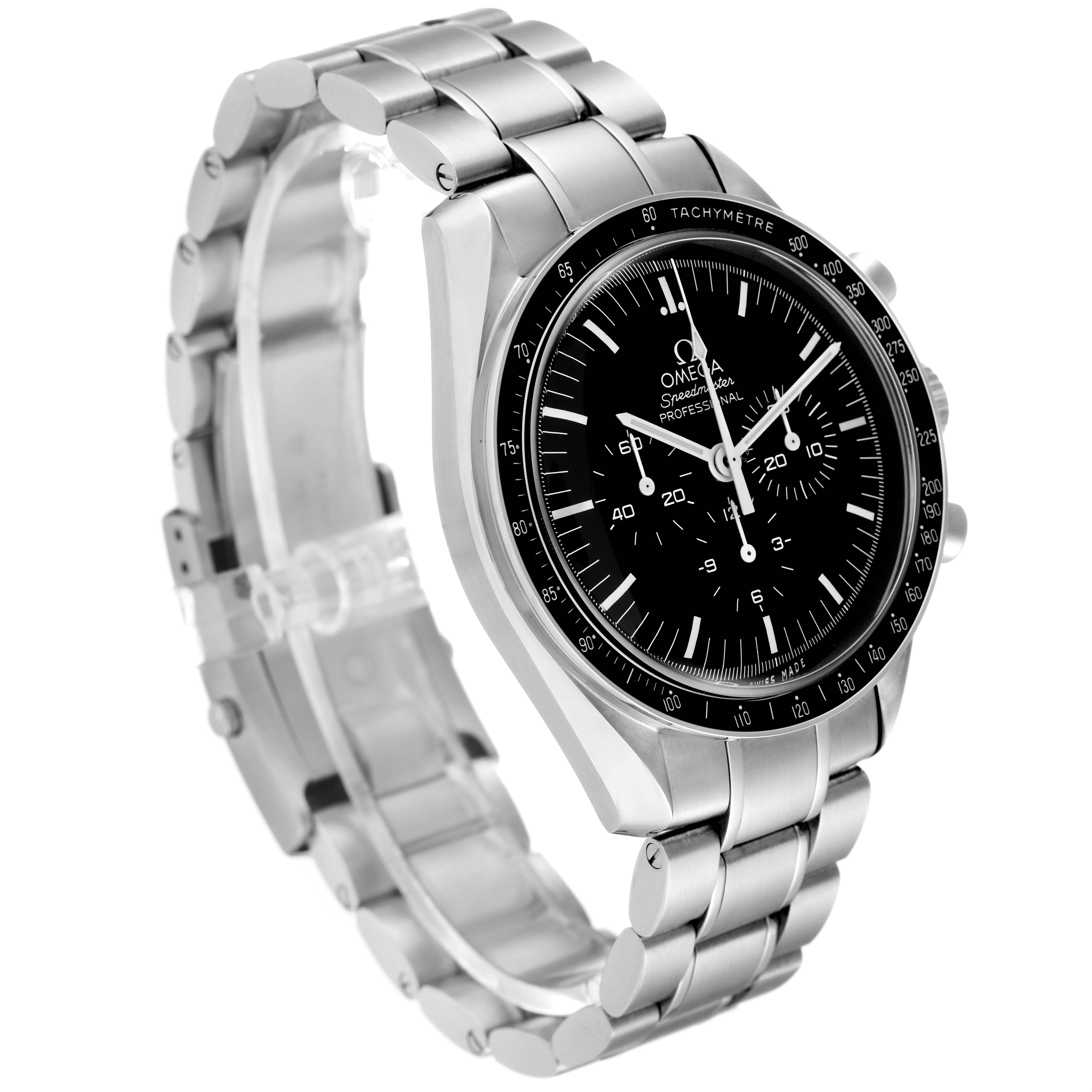 The image shows an angled view of the Omega Speedmaster 311.30.42.30.01.005 Men
s Stainless Steel Black Dial 311.30.42.30.01.005 Men
s Stainless Steel Black Dial watch, highlighting the dial, bezel, and metal bracelet.