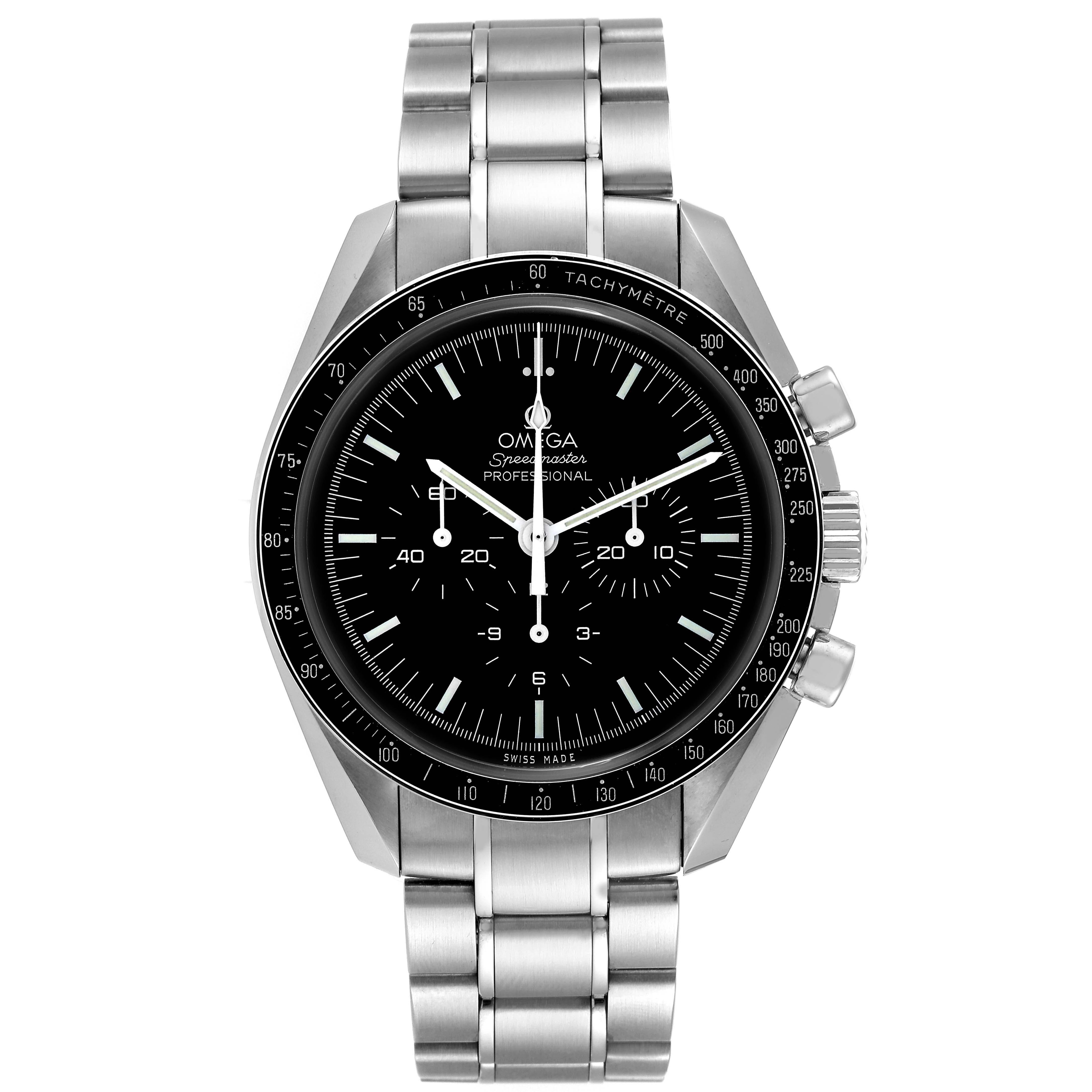 The image shows a front view of an Omega Speedmaster 311.30.42.30.01.005 Men
s Stainless Steel Black Dial 311.30.42.30.01.005 Men
s Stainless Steel Black Dial watch, highlighting the dial, bezel, pushers, and stainless steel bracelet.