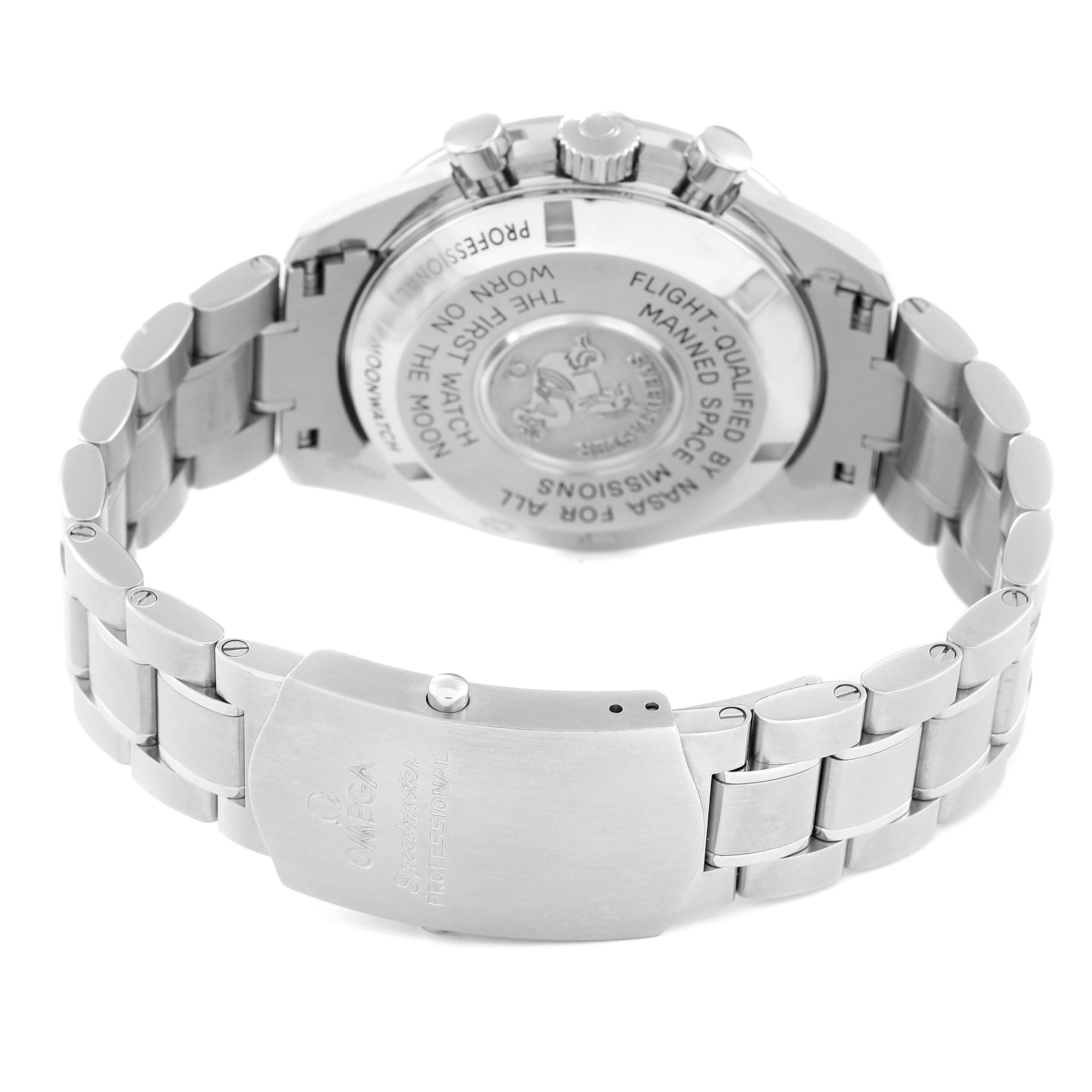 This image shows the back case and bracelet of an Omega Speedmaster 311.30.42.30.01.005 Men
s Stainless Steel Black Dial 311.30.42.30.01.005 Men
s Stainless Steel Black Dial watch.