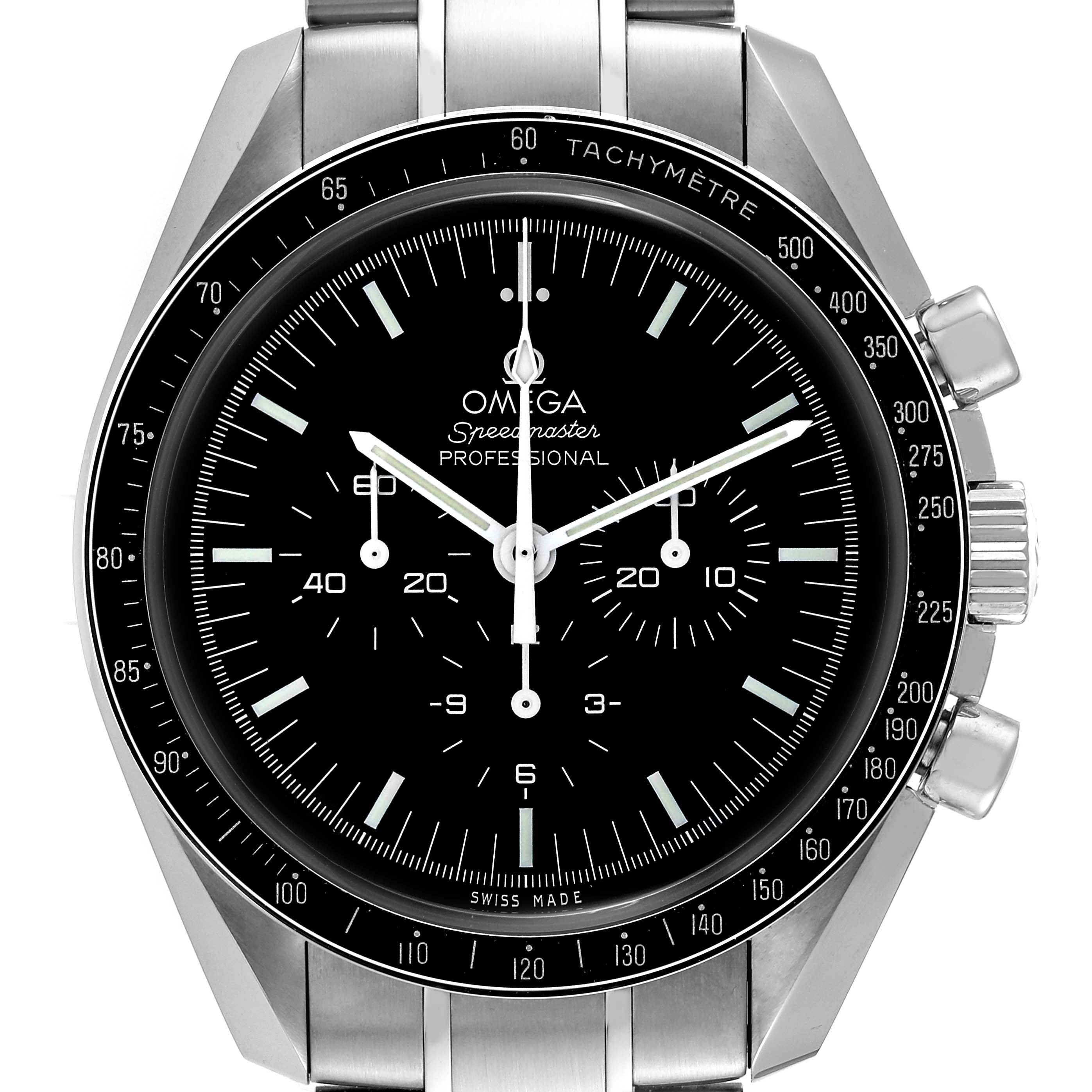 The image shows a frontal view of the Omega Speedmaster 311.30.42.30.01.005 Men
s Stainless Steel Black Dial 311.30.42.30.01.005 Men
s Stainless Steel Black Dial watch, highlighting the dial, tachymeter, and chronograph functions.