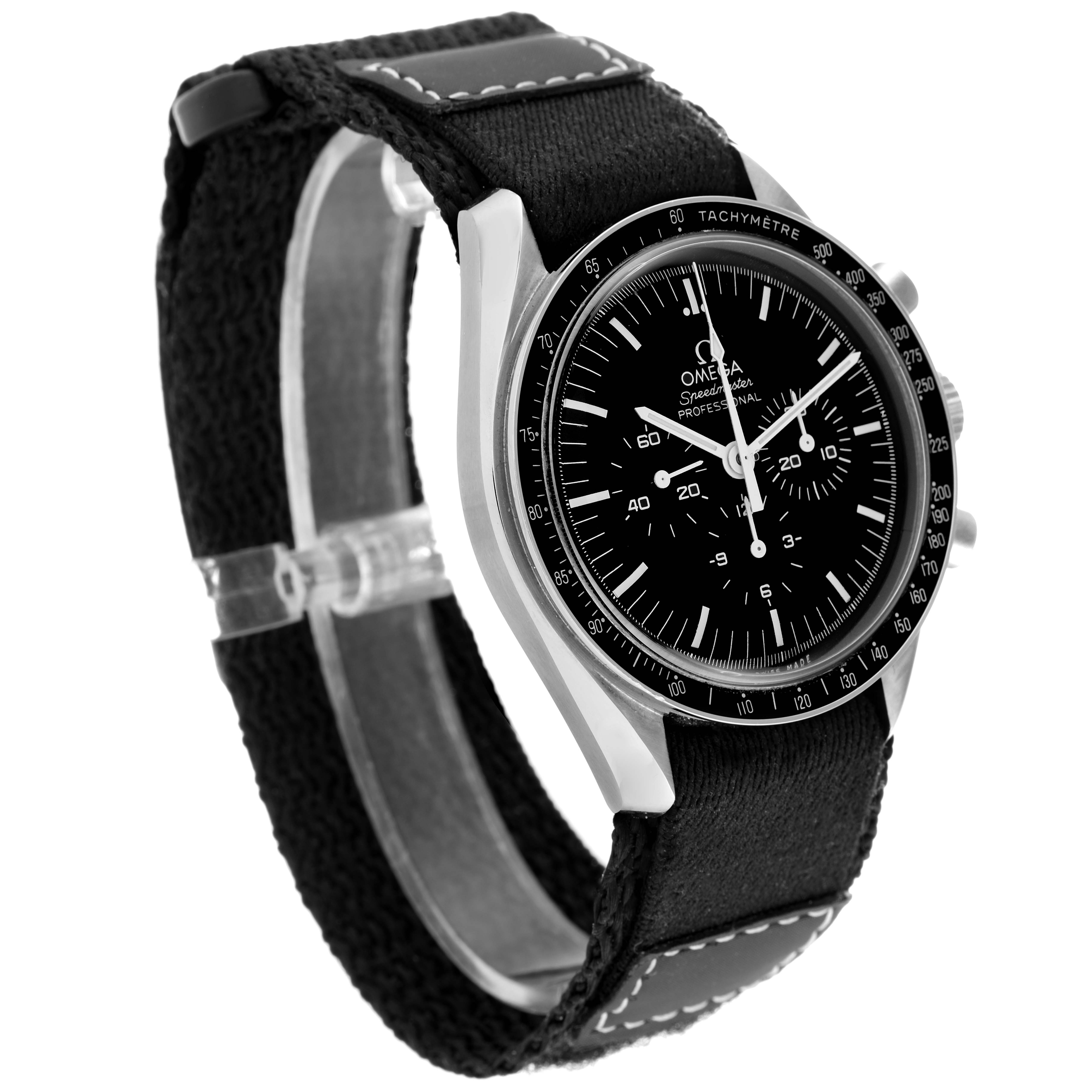 The Omega Speedmaster 311.30.42.30.01.005 Men's Stainless Steel Black Dial 311.30.42.30.01.005 Men's Stainless Steel Black Dial watch is shown at a three-quarter angle, highlighting its black dial, tachymeter bezel, and fabric strap.