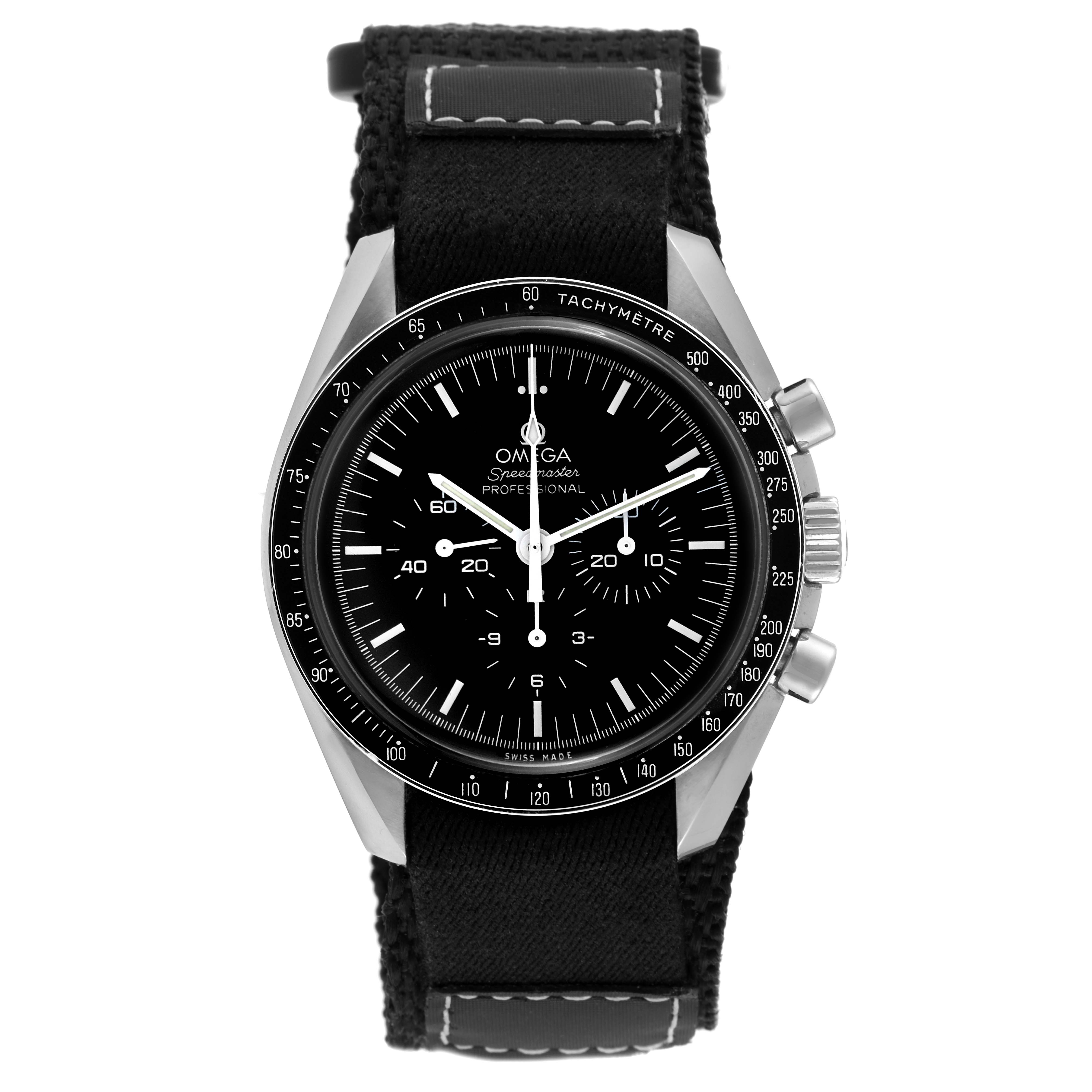 The image shows a front view of an Omega Speedmaster 311.30.42.30.01.005 Men's Stainless Steel Black Dial 311.30.42.30.01.005 Men's Stainless Steel Black Dial watch, displaying the dial, case, and strap.