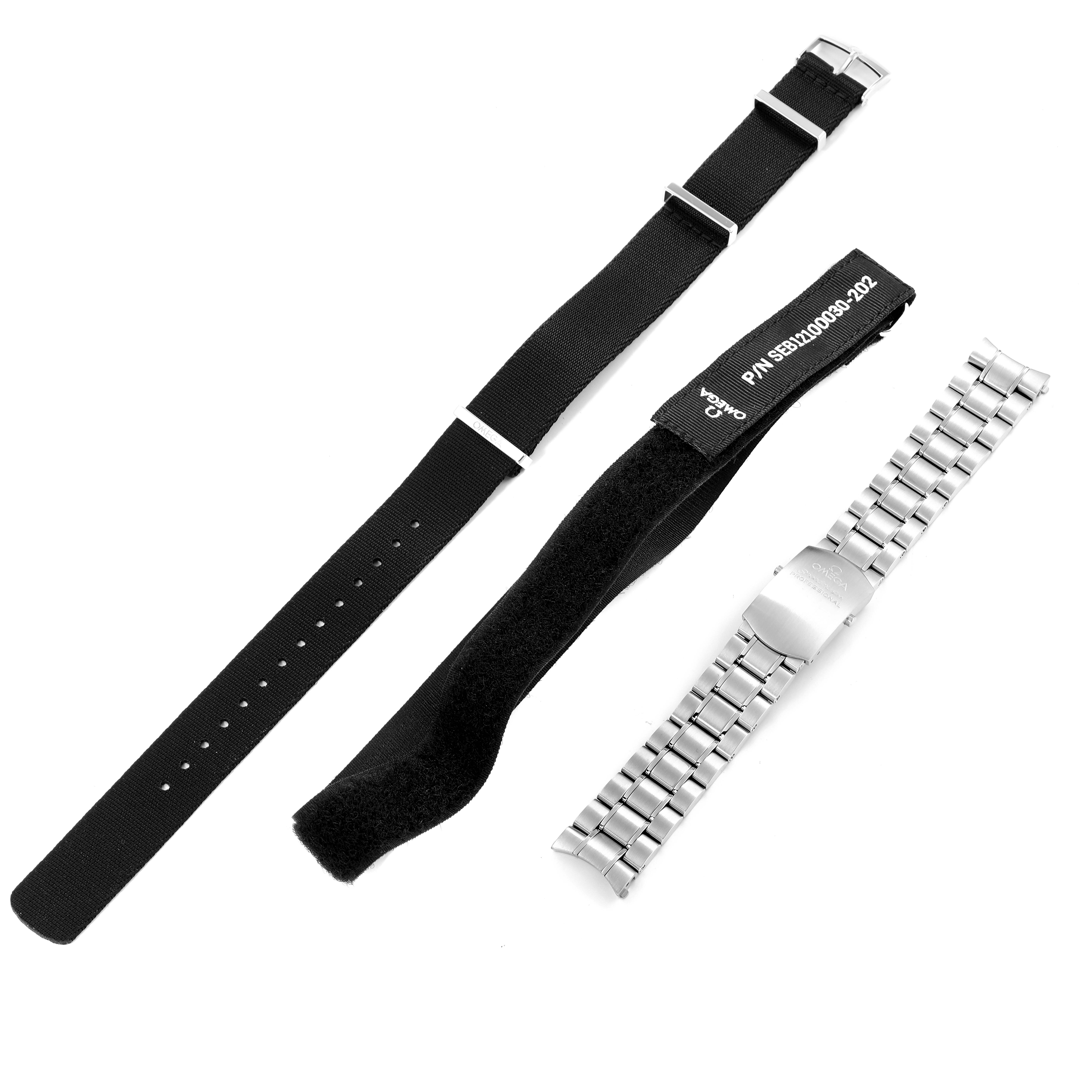 The image shows three watch straps for the Omega Speedmaster 311.30.42.30.01.005 Men's Stainless Steel Black Dial 311.30.42.30.01.005 Men's Stainless Steel Black Dial, including two black fabric straps and one metal bracelet.