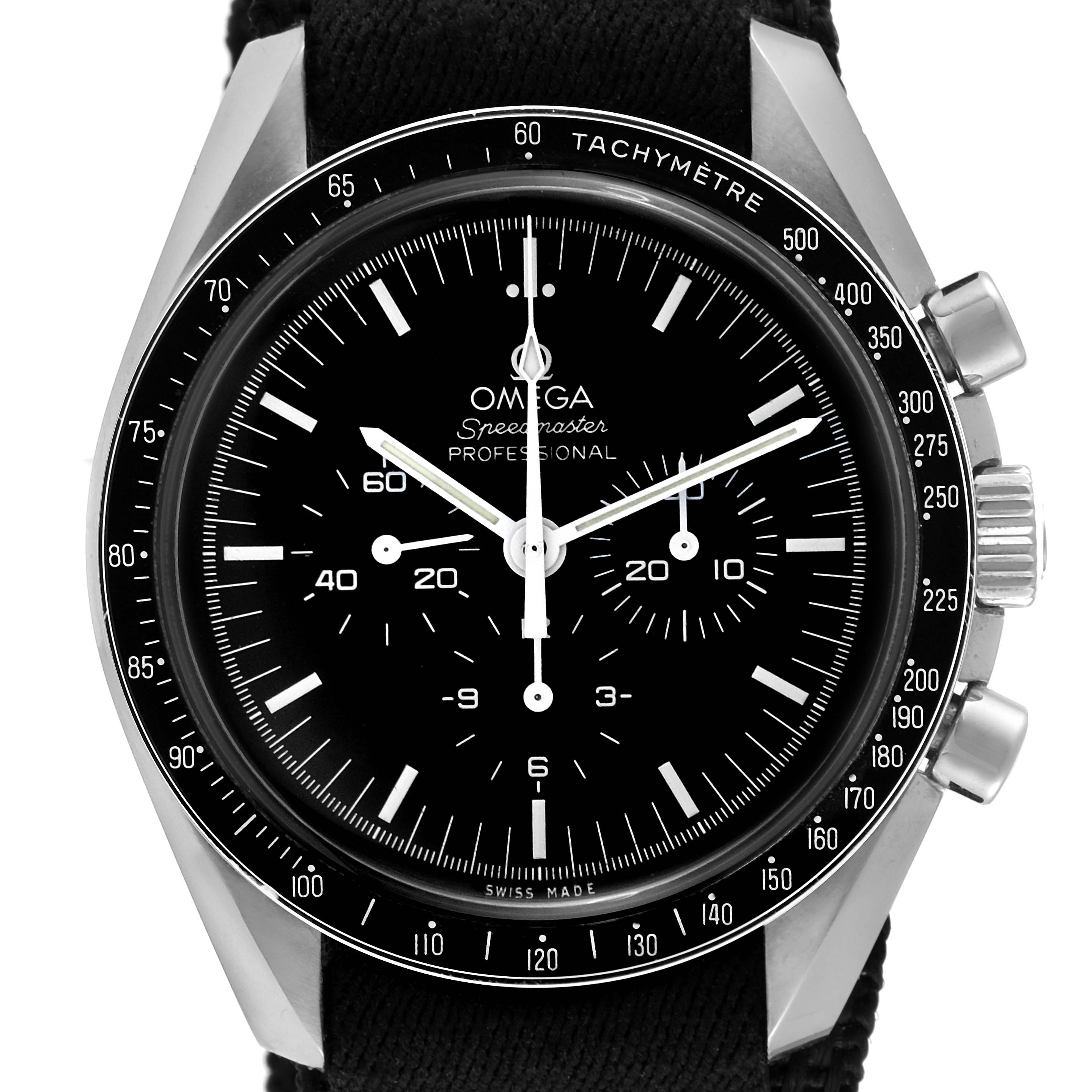 The image shows a front view of an Omega Speedmaster 311.30.42.30.01.005 Men's Stainless Steel Black Dial 311.30.42.30.01.005 Men's Stainless Steel Black Dial watch, including the dial, bezel, tachymeter scale, and chronograph pushers.