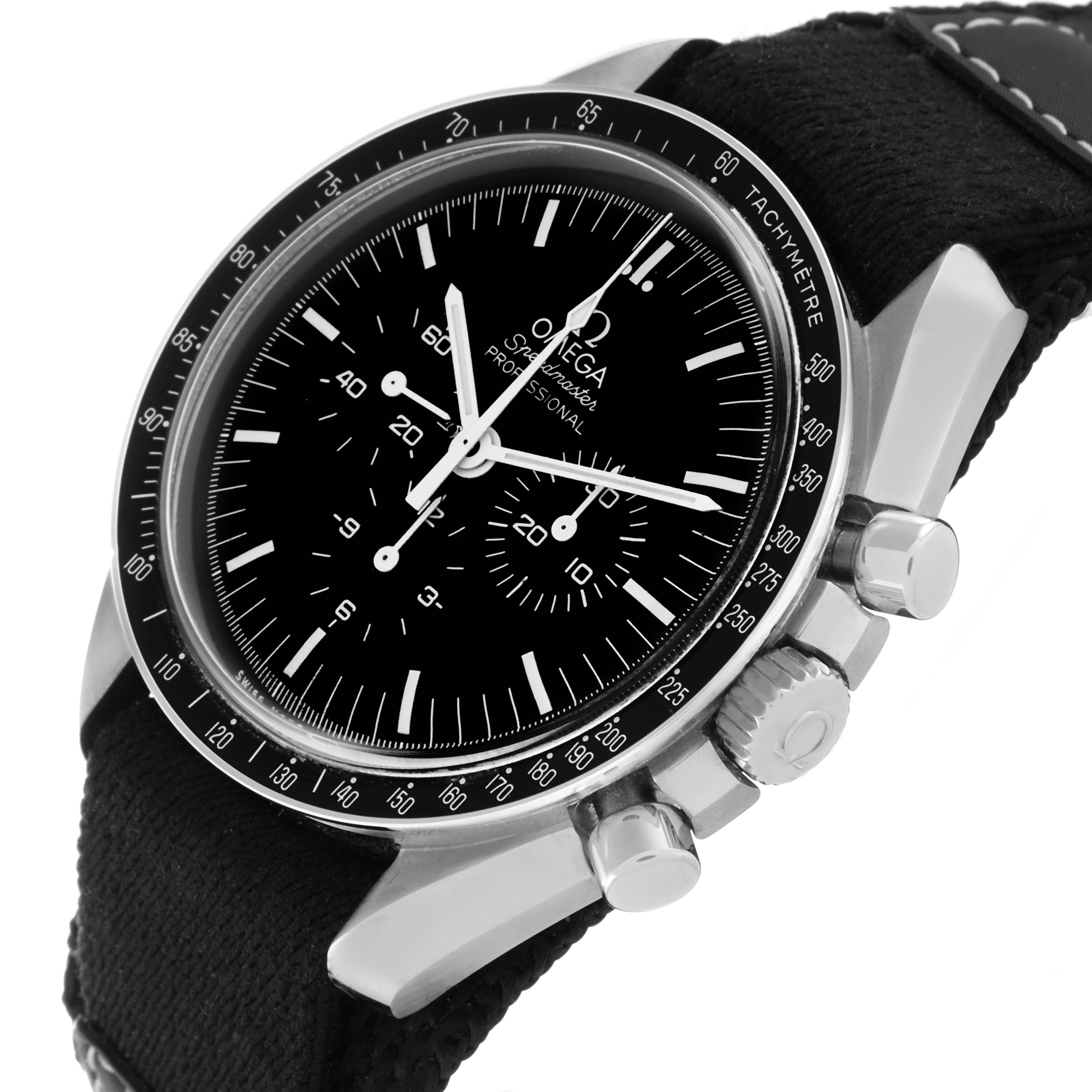 The Omega Speedmaster 311.30.42.30.01.005 Men's Stainless Steel Black Dial 311.30.42.30.01.005 Men's Stainless Steel Black Dial watch is shown from a slight side angle, highlighting the bezel, dial, pushers, and strap.