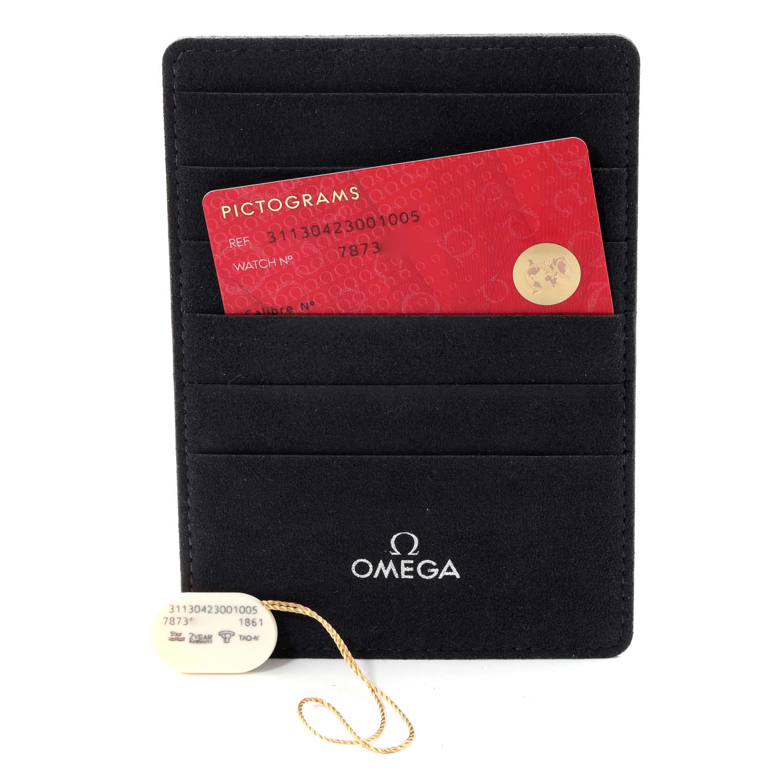 The image shows an Omega Speedmaster 311.30.42.30.01.005 Men's Stainless Steel Black Dial 311.30.42.30.01.005 Men's Stainless Steel Black Dial warranty card in a black cardholder and a white tag with model details.