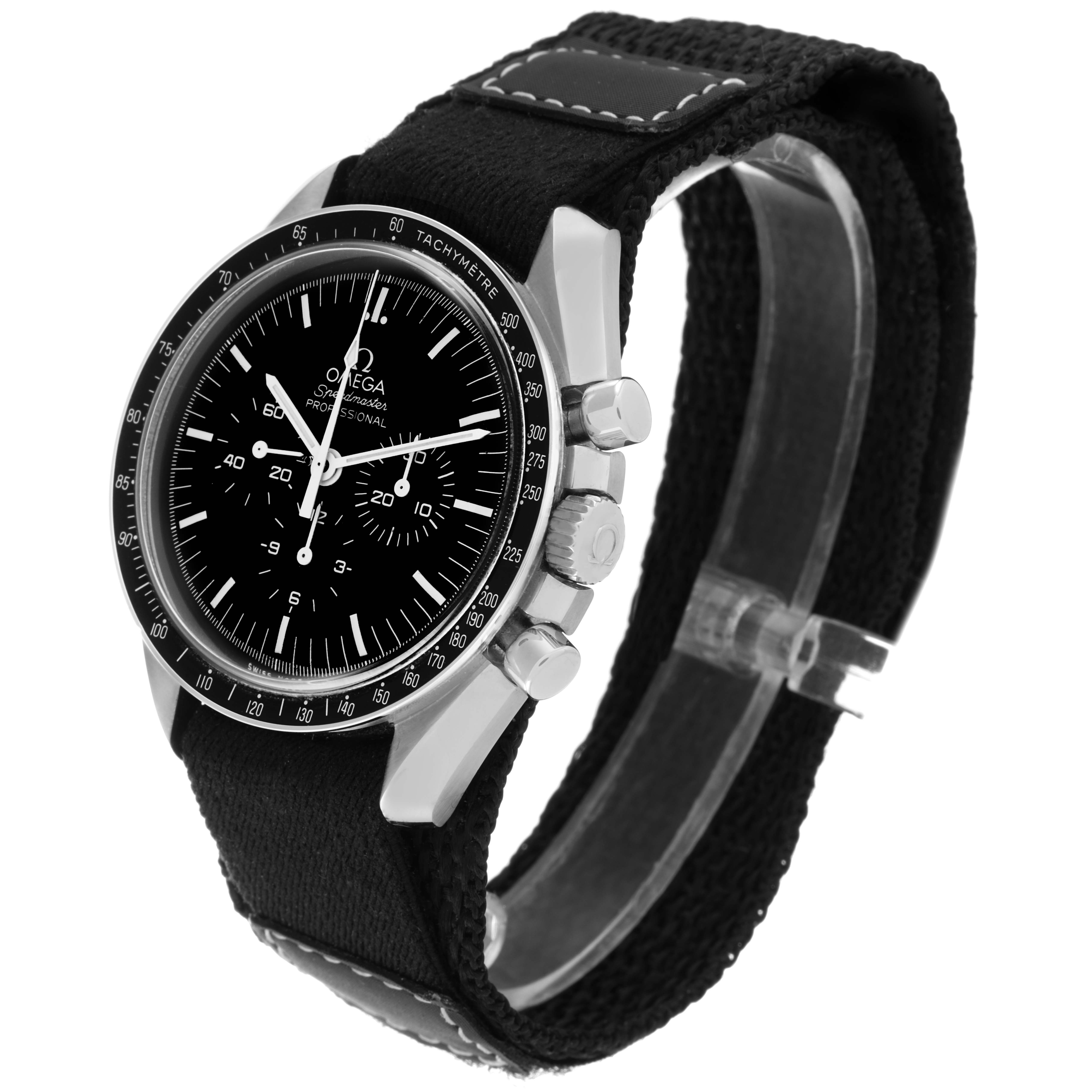 The image shows an Omega Speedmaster 311.30.42.30.01.005 Men's Stainless Steel Black Dial 311.30.42.30.01.005 Men's Stainless Steel Black Dial watch from a front-side angle, highlighting its black dial, tachymeter bezel, and pushers.