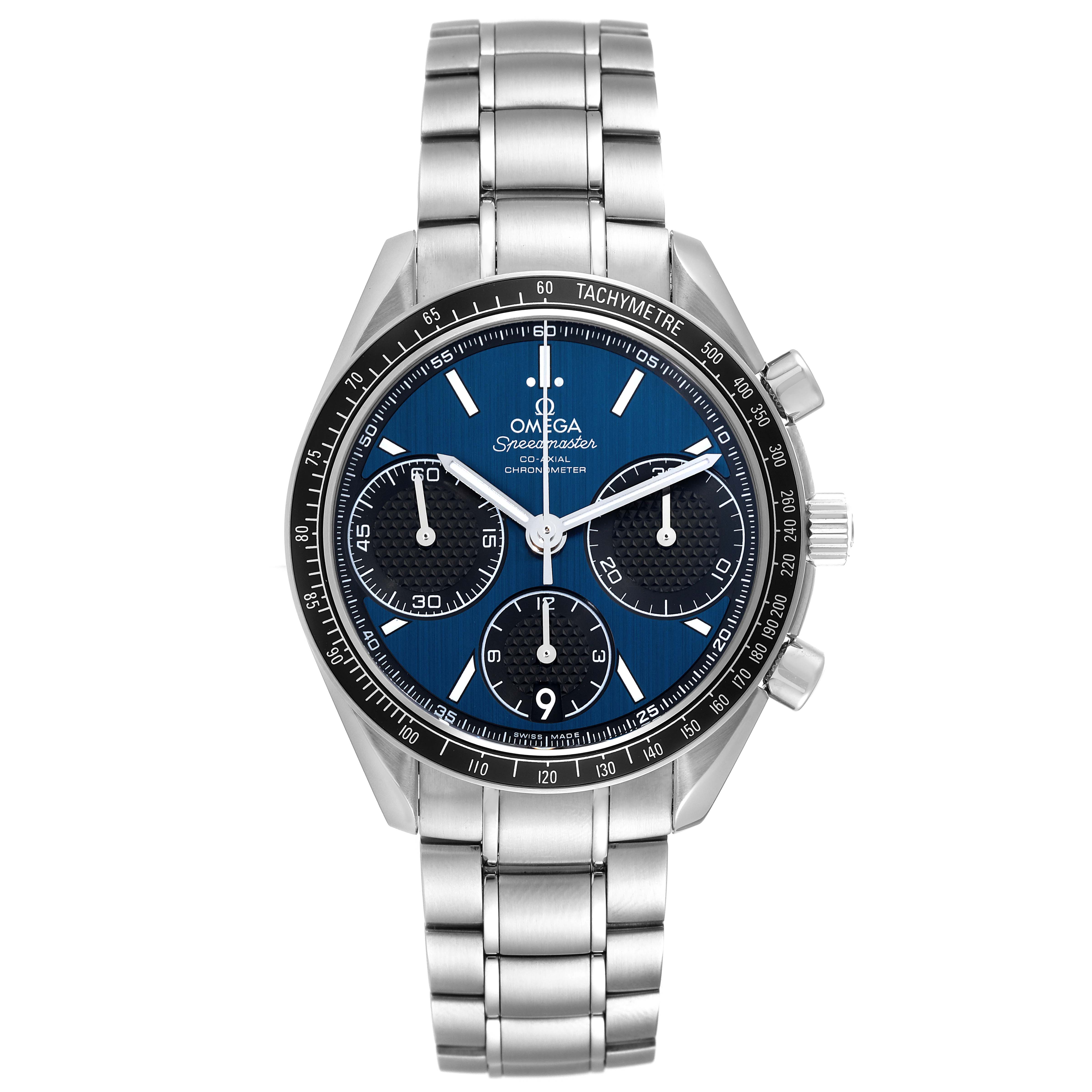The image shows a front view of an Omega Speedmaster 326.30.40.50.03.001 Men
s Stainless Steel Blue Dial 326.30.40.50.03.001 Men
s Stainless Steel Blue Dial watch, displaying its dial, bezel, and stainless steel bracelet.