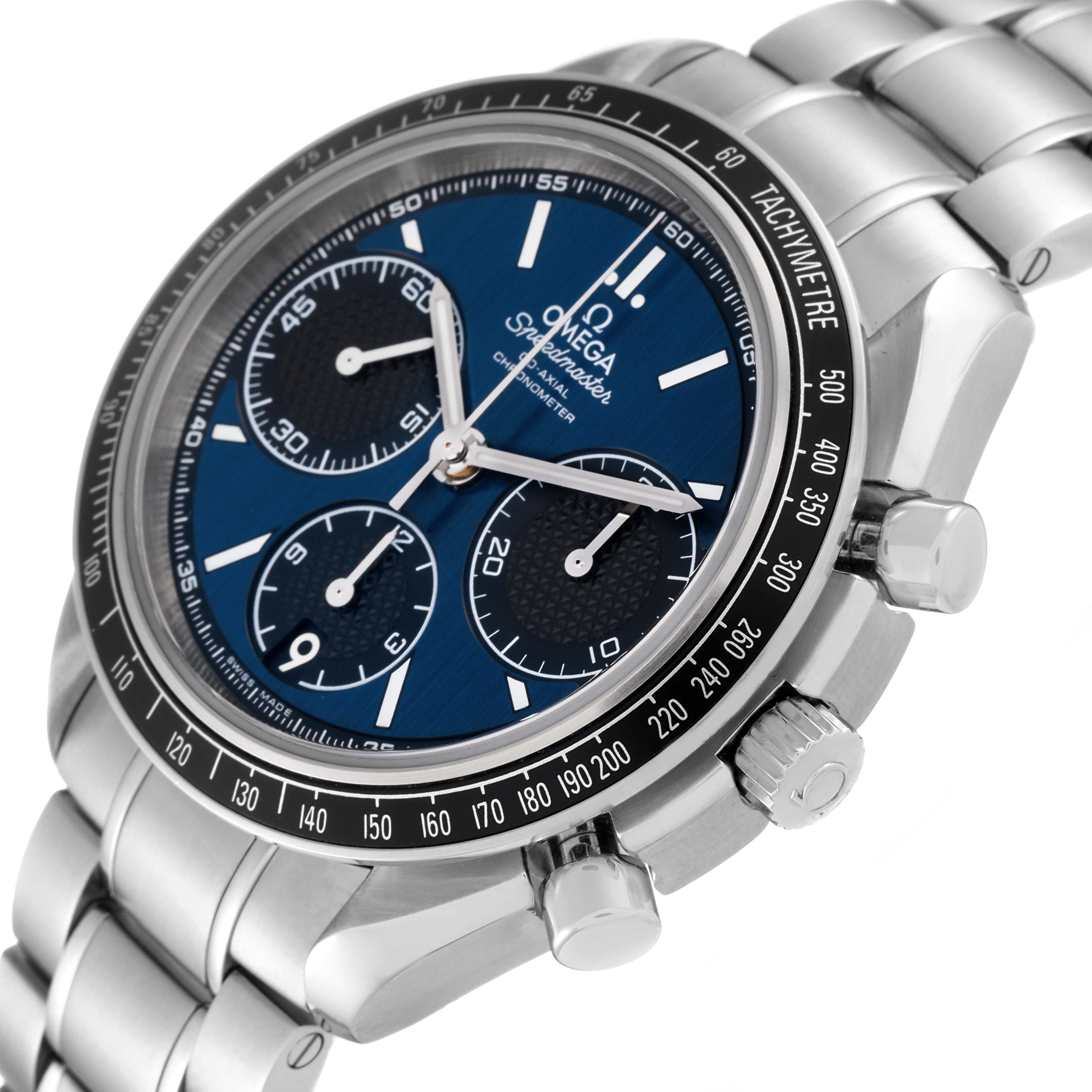 The image shows an Omega Speedmaster 326.30.40.50.03.001 Men
s Stainless Steel Blue Dial 326.30.40.50.03.001 Men
s Stainless Steel Blue Dial watch at a slight angle, highlighting the bezel, dial, subdials, and stainless steel bracelet.