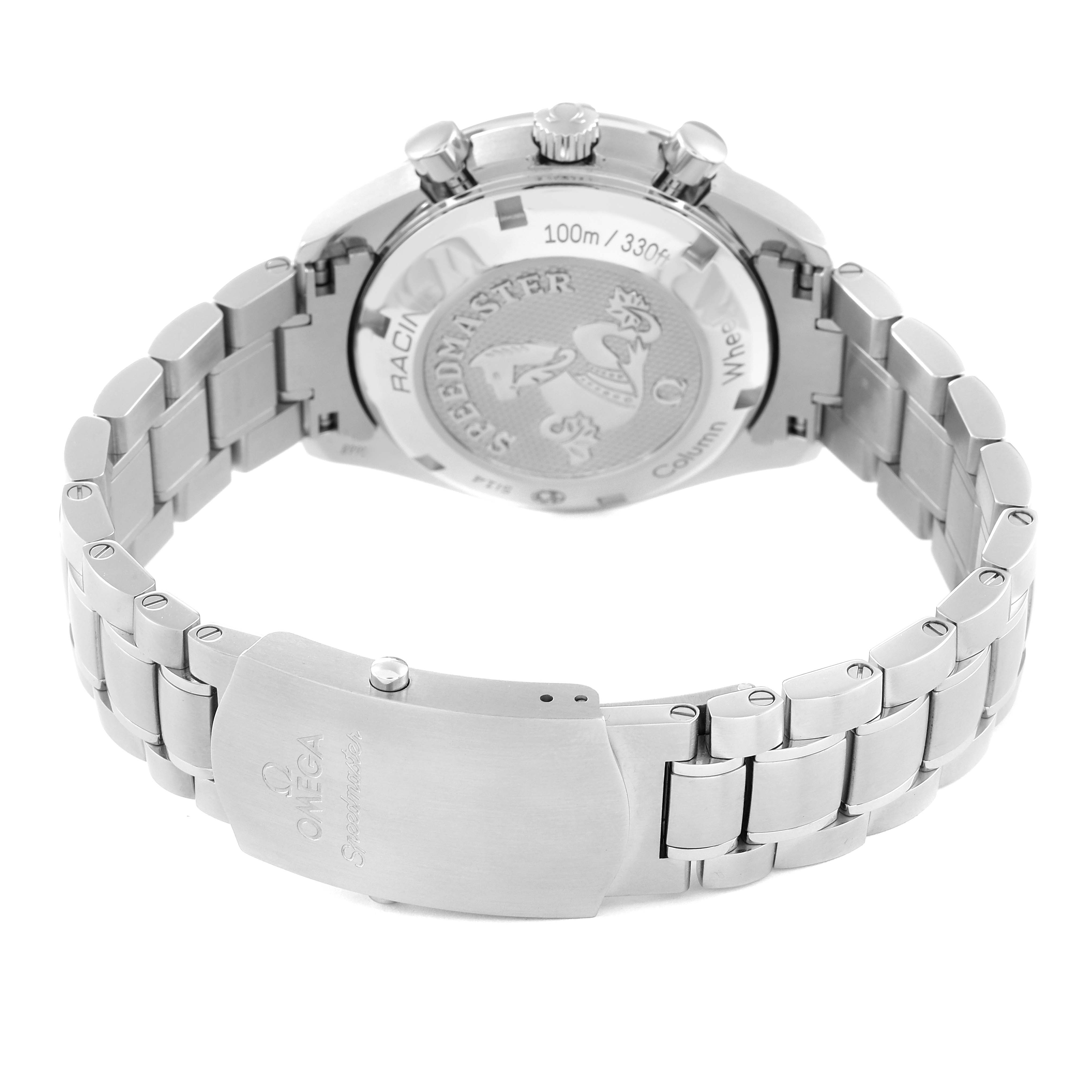 The image shows the backside and bracelet of an Omega Speedmaster 326.30.40.50.03.001 Men
s Stainless Steel Blue Dial 326.30.40.50.03.001 Men
s Stainless Steel Blue Dial watch, highlighting its clasp and engraved case back.