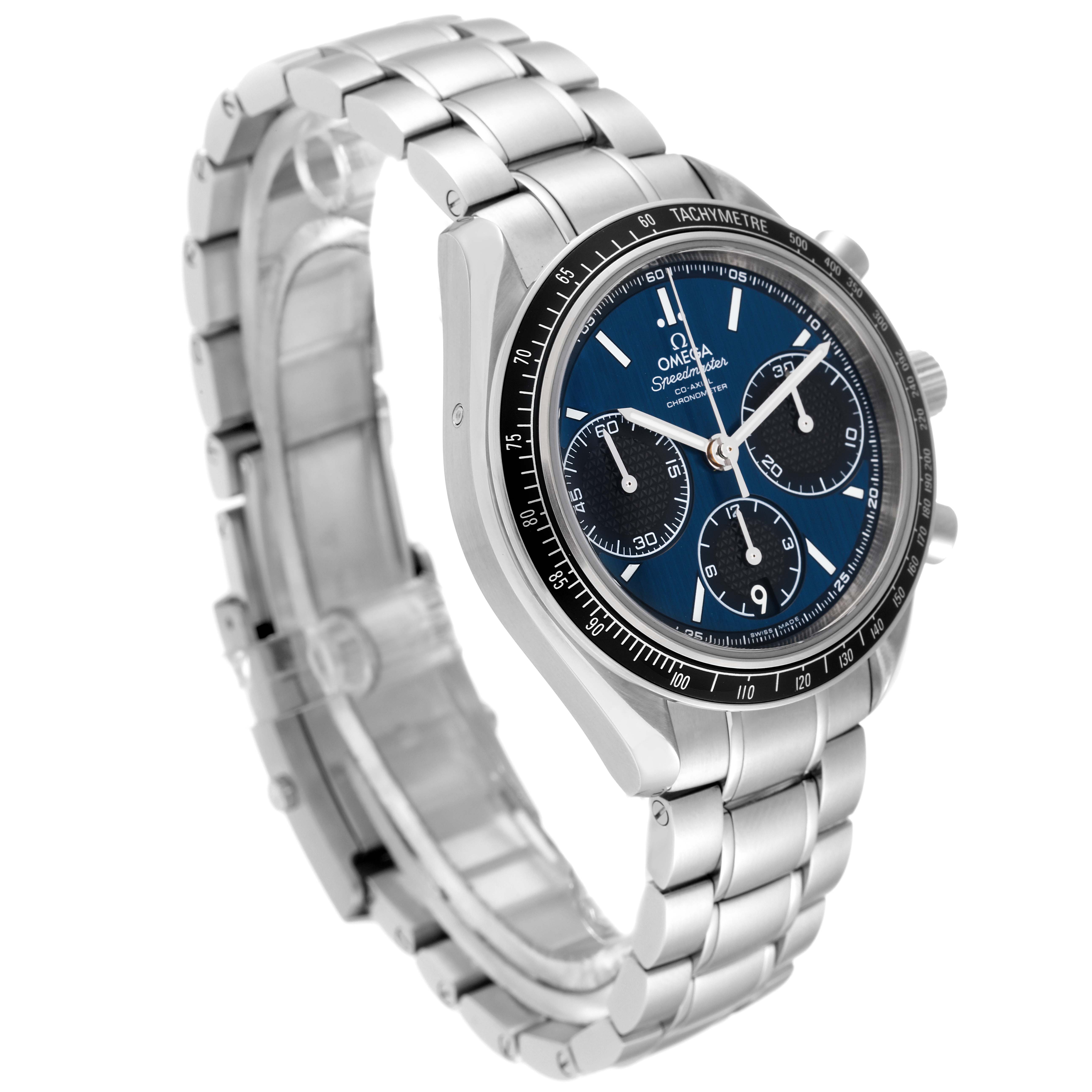 The image shows an Omega Speedmaster 326.30.40.50.03.001 Men
s Stainless Steel Blue Dial 326.30.40.50.03.001 Men
s Stainless Steel Blue Dial watch at a 3/4 angle, displaying the bracelet, case, dial, and chronograph features.