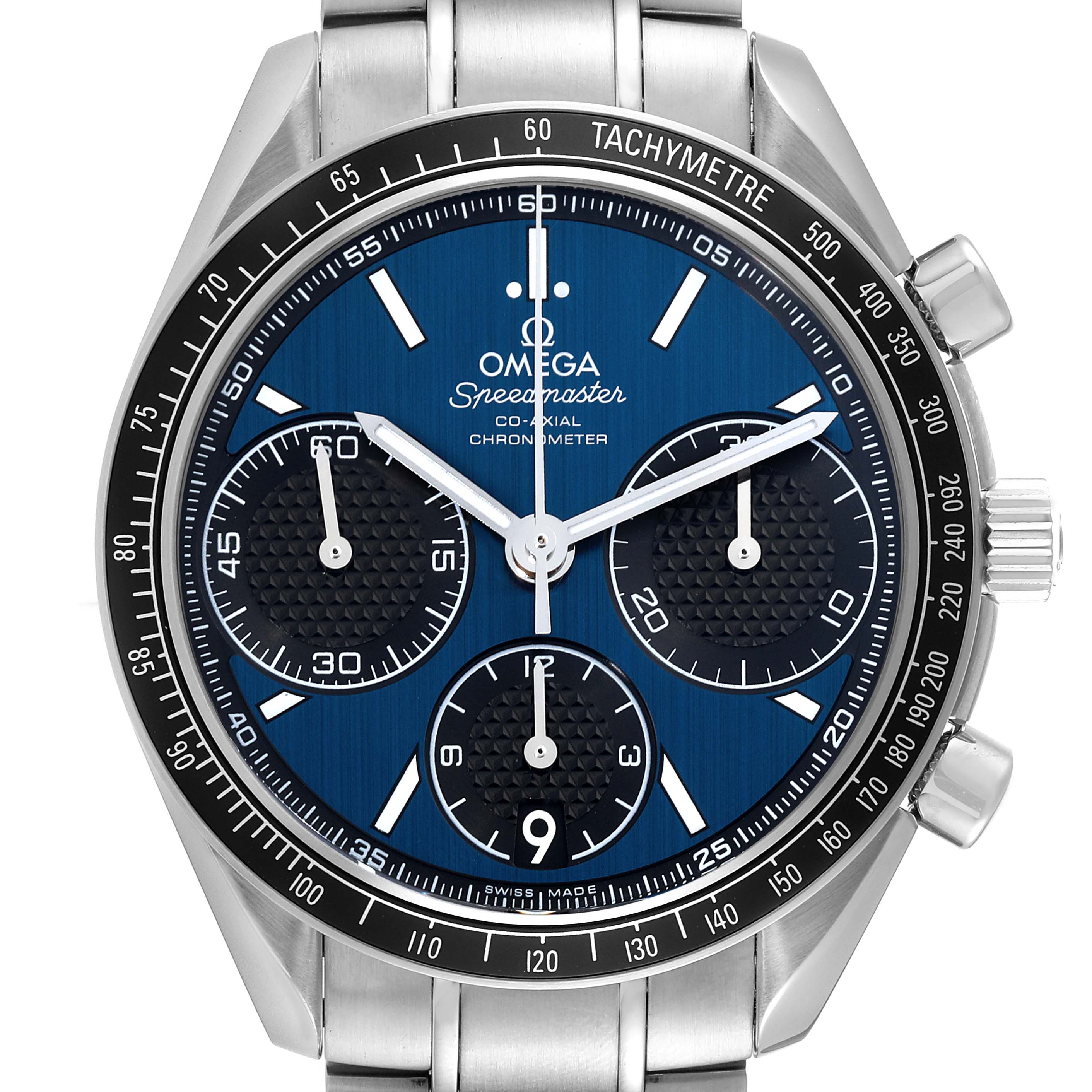 This image shows a front view of the Omega Speedmaster 326.30.40.50.03.001 Men
s Stainless Steel Blue Dial 326.30.40.50.03.001 Men
s Stainless Steel Blue Dial watch, highlighting its face, dials, and tachymeter bezel.